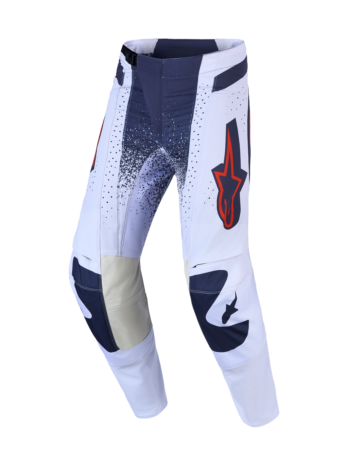 Alpinestars Techstar Swan motocrossbukser, lys lilla og mørkegrå med rød fluo, læderknæ og optimeret ventilation.