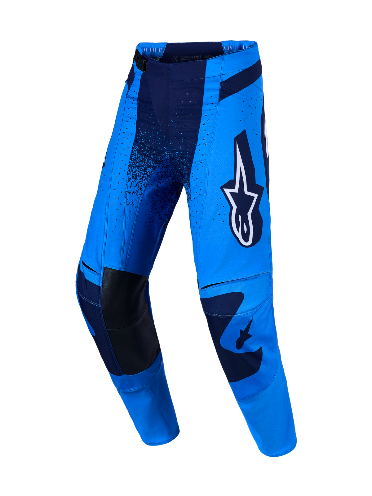 Alpinestars Techstar Swan bukser, professionelle motocrossbukser i blå og mørkeblå med forstærkede læderknæ.