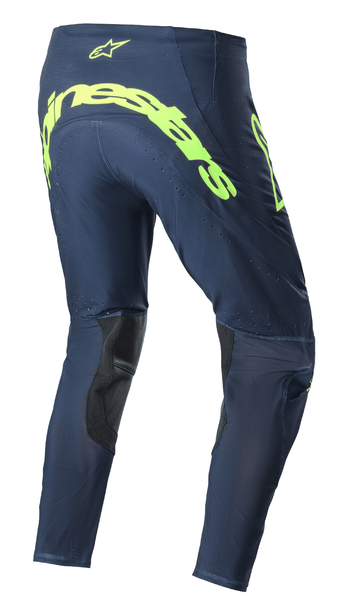 Alpinestars 2023 Supertech Bruin bukser, motocrossbukser, Night Navy og neon gul, set bagfra med stort fluorescerende gult Alpinestars-logo over bagen, perforerede ventilationszoner og sorte indvendige benforstærkninger