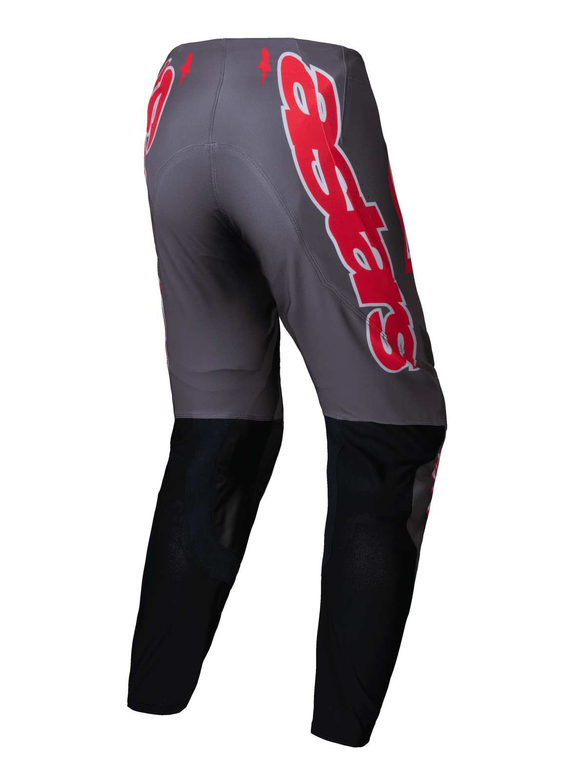 Alpinestars 2025 Supertech Lipan Bukser, herre motocross off-road bukser set bagfra, grå og skinnende rød med sorte underben, let stretch rip-stop-konstruktion