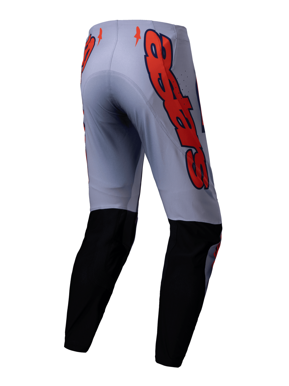 Alpinestars 2025 Supertech Lipan bukser, motocrossbukser, grå og orange fluo, set bagfra med sorte paneler på underbenene og store orange Alpinestars-logografikker på hofterne, atletisk pasform til terrænkørsel
