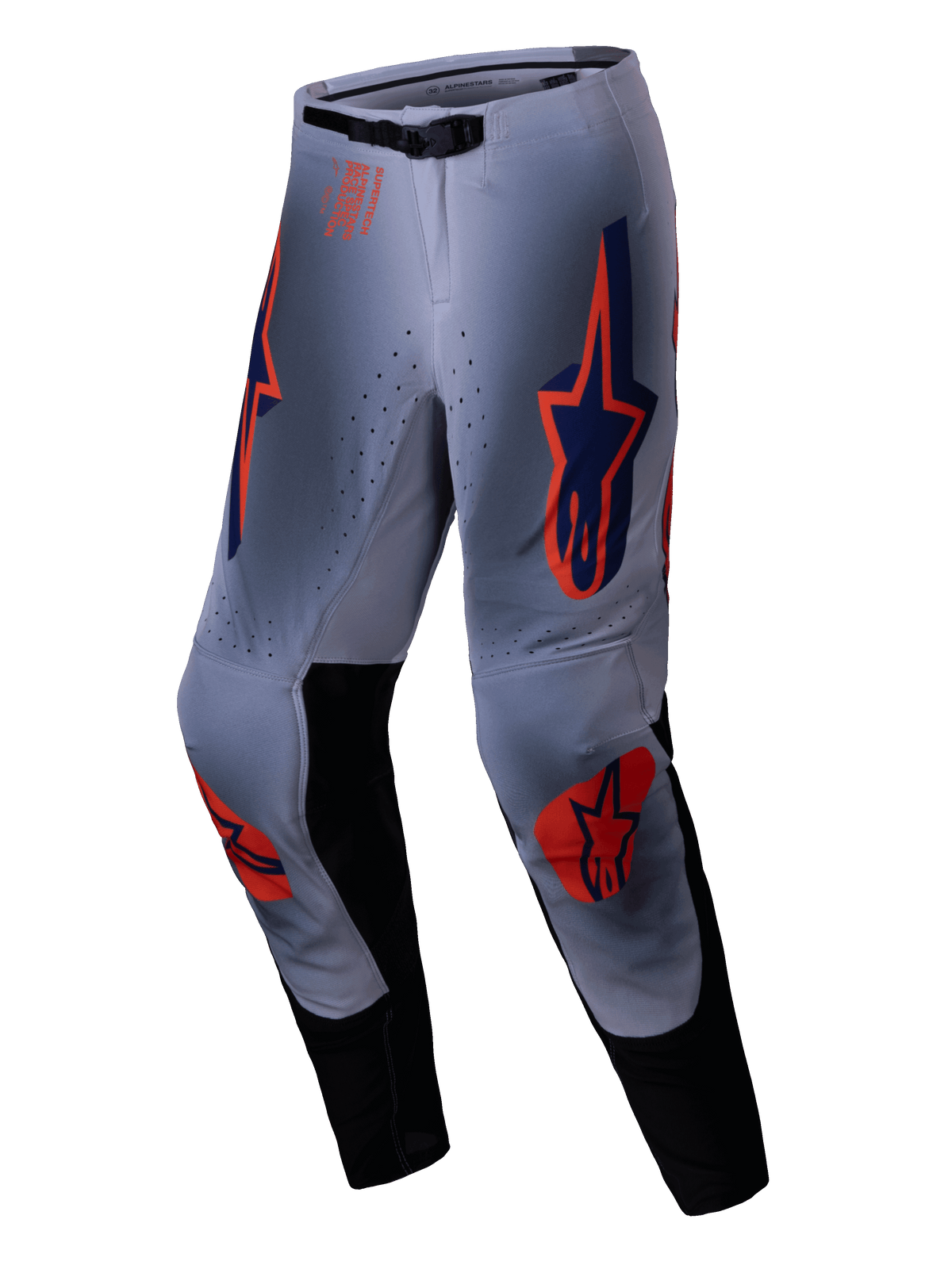 Alpinestars 2025 Supertech Lipan bukser, motocross-bukser, grå og orange fluo, med markante orange og navyblå stjerne-logoer på lår og knæ, sorte indvendige benpaneler og et justerbart taljebælte, designet til off-road ydeevne på professionelt niveau.