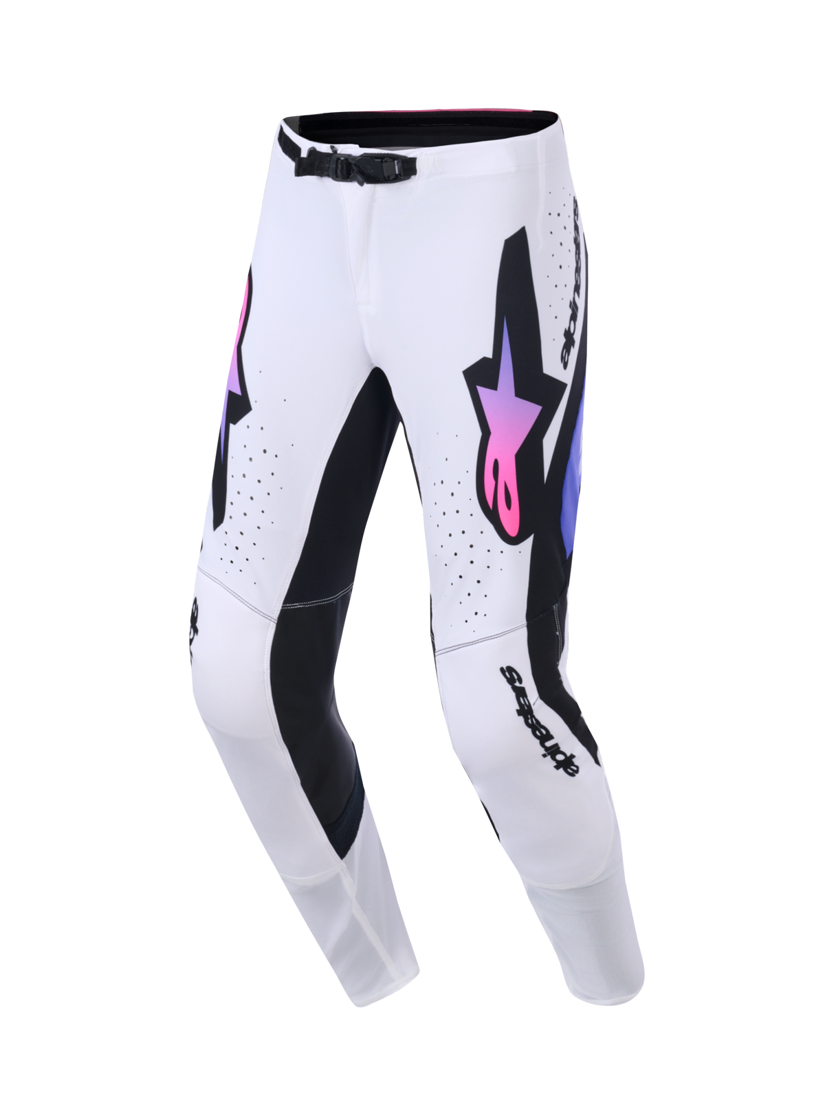 Alpinestars 2026 Supertech AFD Vista bukser, motocross-bukser, hvid, lilla og sort, med et stort sort Astars-logo med pink og lilla gradient, sorte indvendige benpaneler og et SX1 magnetisk taljespænde, designet til off-road racing-performance