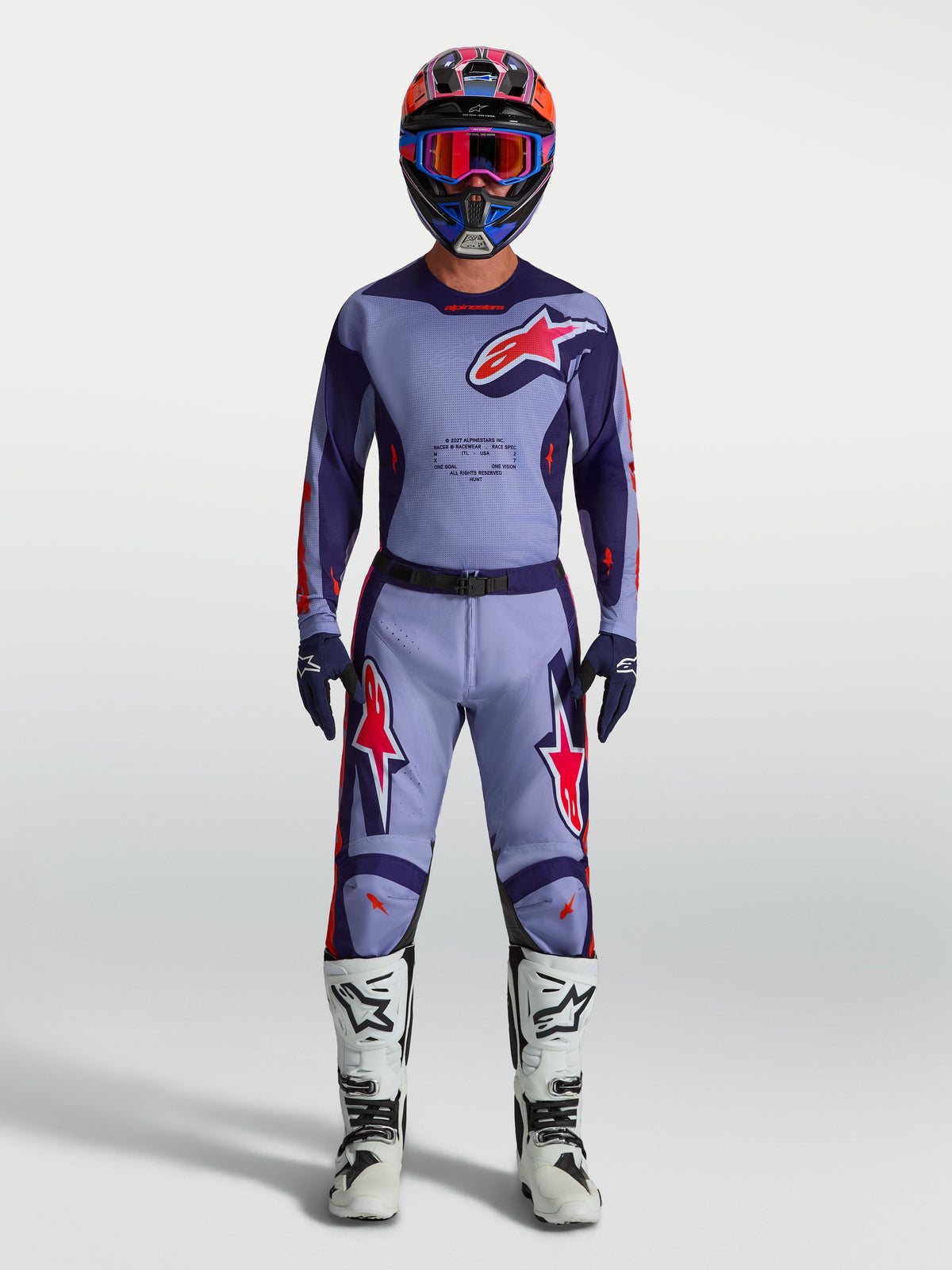 Alpinestars Racer Air Hunt bukser, motocrossbukser til herrer, lilla og pink fluo, med ventileret mesh til terrænkørsel.