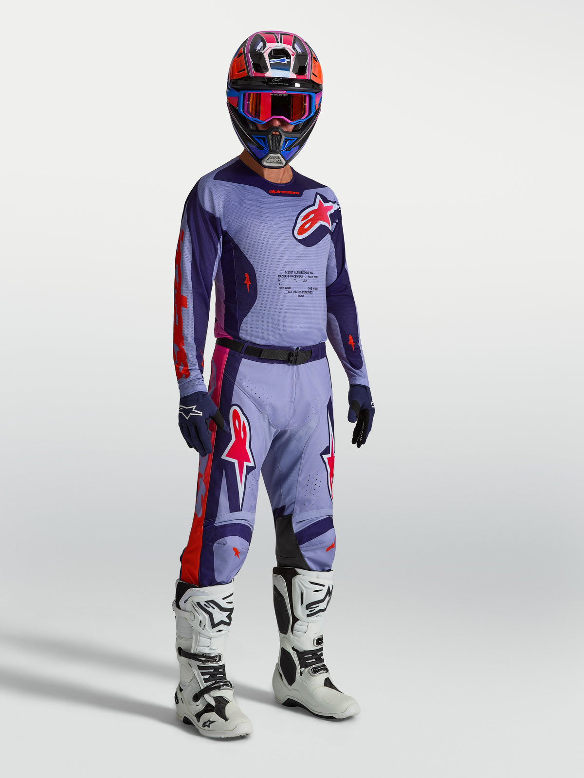Alpinestars Racer Air Hunt bukser, herre-motocrossbukser, lilla/pink fluo, ventileret polyfabric med gedelæder ved knæene.