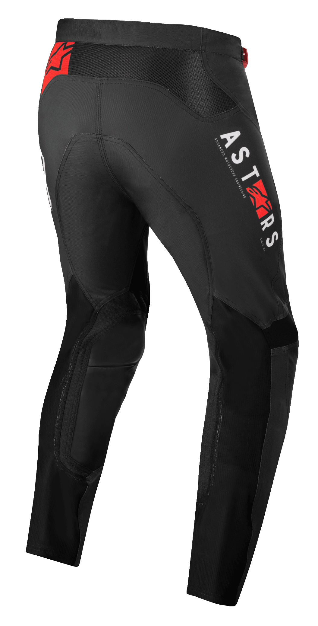 Alpinestars Supertech Foster bukser, motocrossbukser, sort med hvid lodret ASTARS-branding og røde stjernelogoer, højtydende tekstilkonstruktion med mesh-paneler for ventilation og bevægelsesfrihed