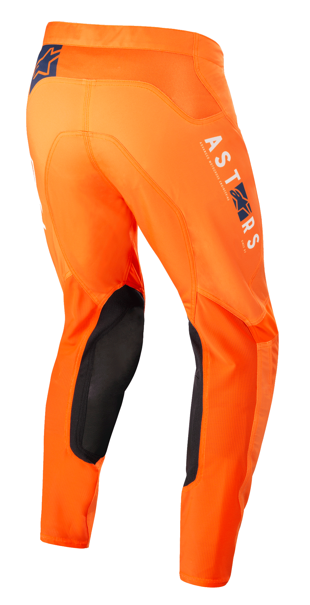 Alpinestars Supertech Foster bukser, motocross-bukser, orange, med sorte indvendige knæpaneler, hvid og blå ASTARS-branding på benet, avanceret stretch rip-stop-konstruktion, set bagfra fra siden