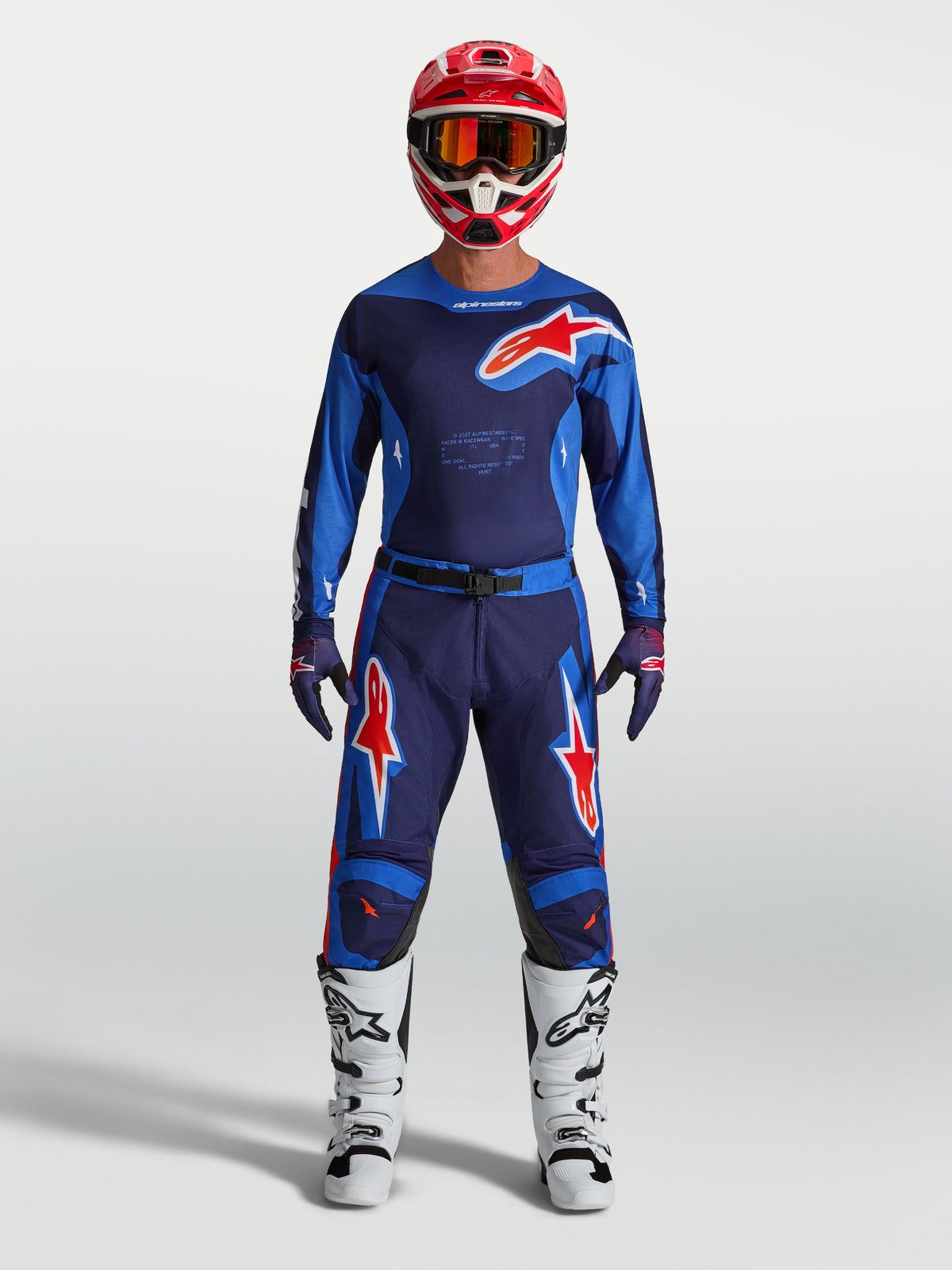 Alpinestars Racer Hunt bukser, motocrossudstyr til herrer, blå og rød, slidstærk polyfabric-konstruktion.