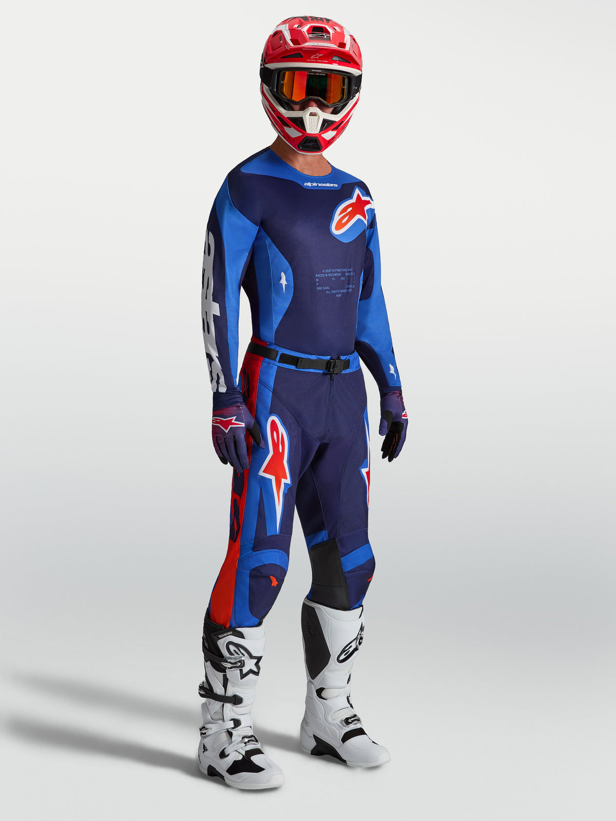 Alpinestars Racer Hunt Bukser, blå og røde motocrossbukser til herrer med ergonomisk forbuet pasform til terrænkørsel.