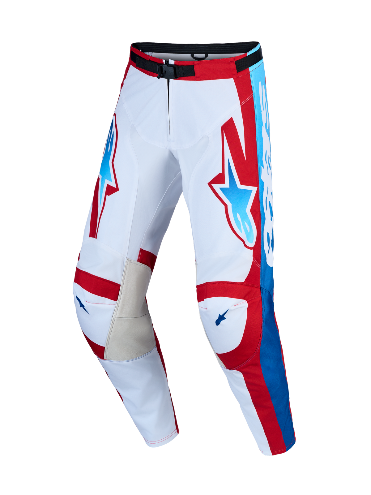 Alpinestars Racer Hunt bukser og Gear Set, hvide og røde motocrossbukser med blå detaljer og læder på indersiden af knæene.