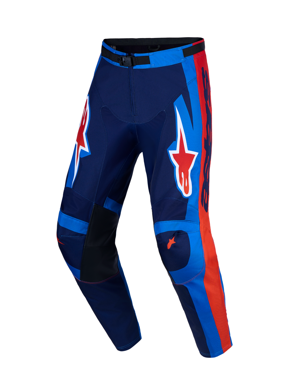 Alpinestars Racer Hunt bukser, mørkeblå og røde motocrossbukser til racing, ergonomisk pasform med Astars-grafik