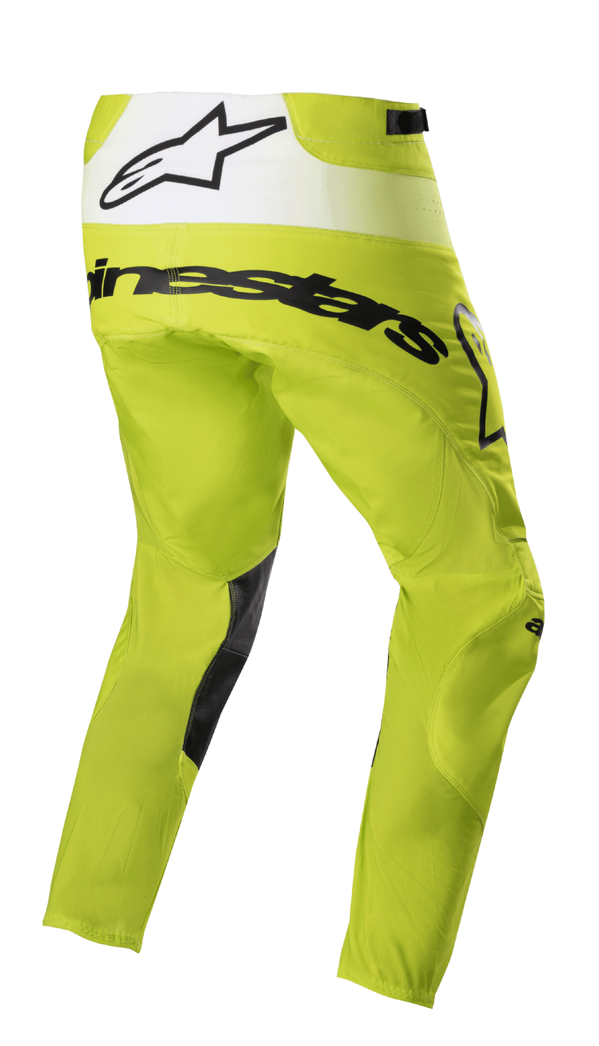 Alpinestars 2023 Techstar Push Pants, Motocross Pants, Yellow Fluo and White, rear three-quarter view featuring black branding and white back panel with star logo, black inner leg patches, durable off-road racing gear