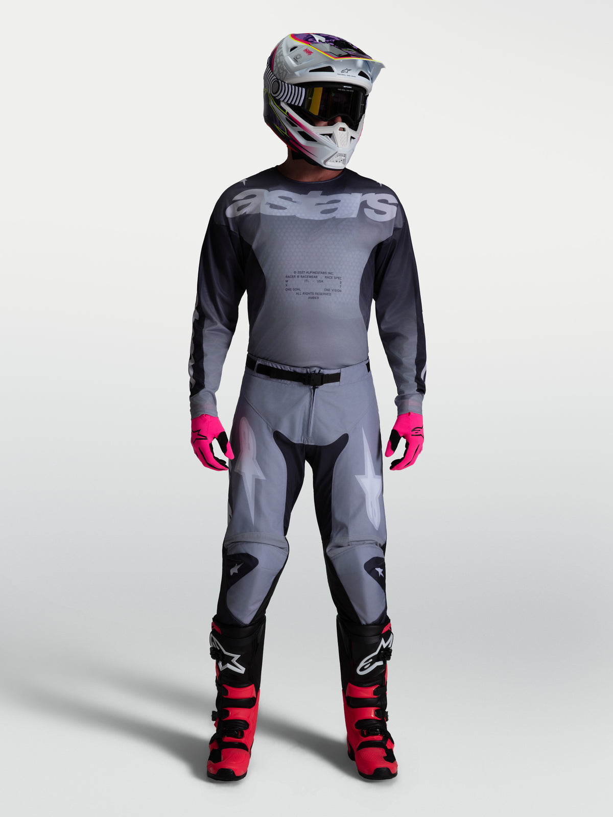 Alpinestars Racer Amber Pants, Men's Motocross Gear, Graystone and Cold Gray with Light Lilac accents, pre-curved racing fit.