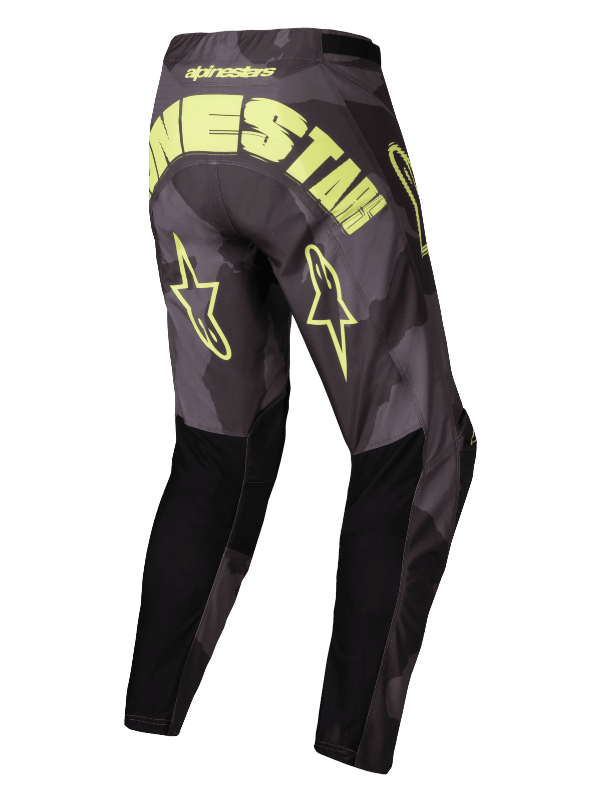 Alpinestars 2025 Racer Hollow Bukser, motocross off-road bukser set bagfra med stort logo og stjernelogoer, mørk camo og gul