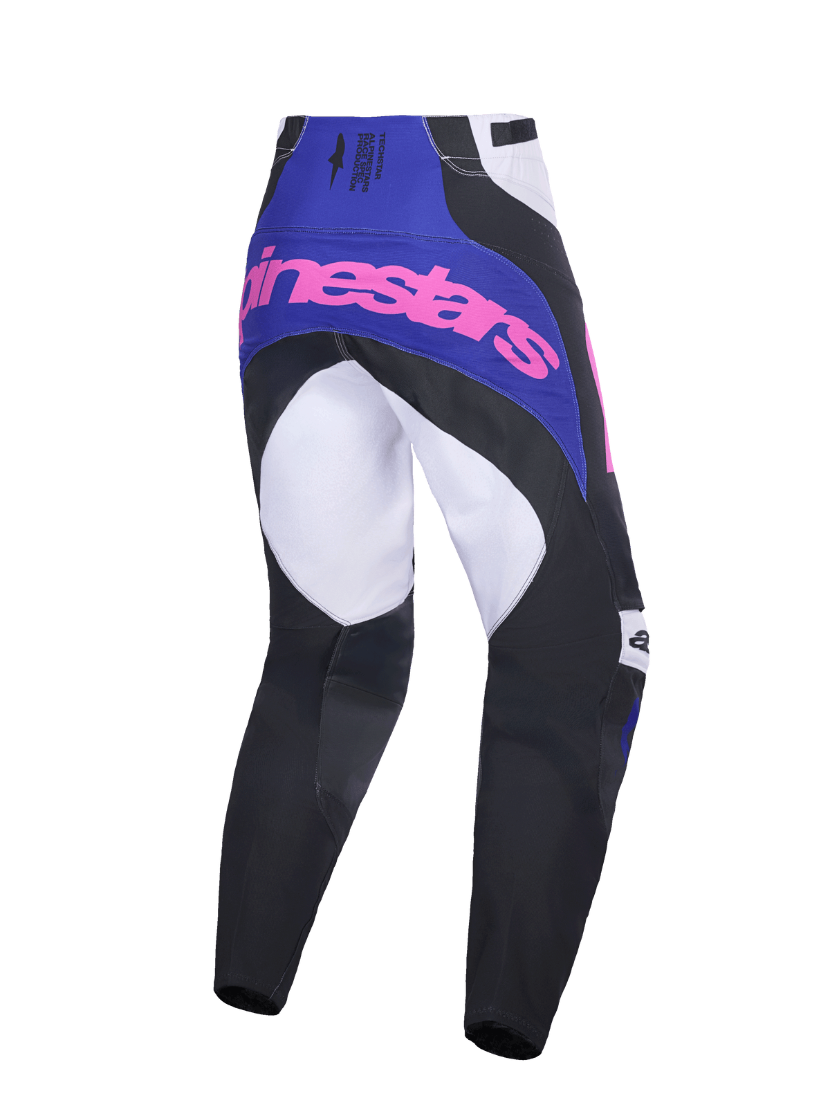 Alpinestars 2026 Techstar Knif bukser, motocross-bukser, sort, lysegrå og lilla med pink branding, set bagfra, viser multi-panel konstruktion, lilla bærestykke med pink logo og forstærket sædeområde til off-road racing