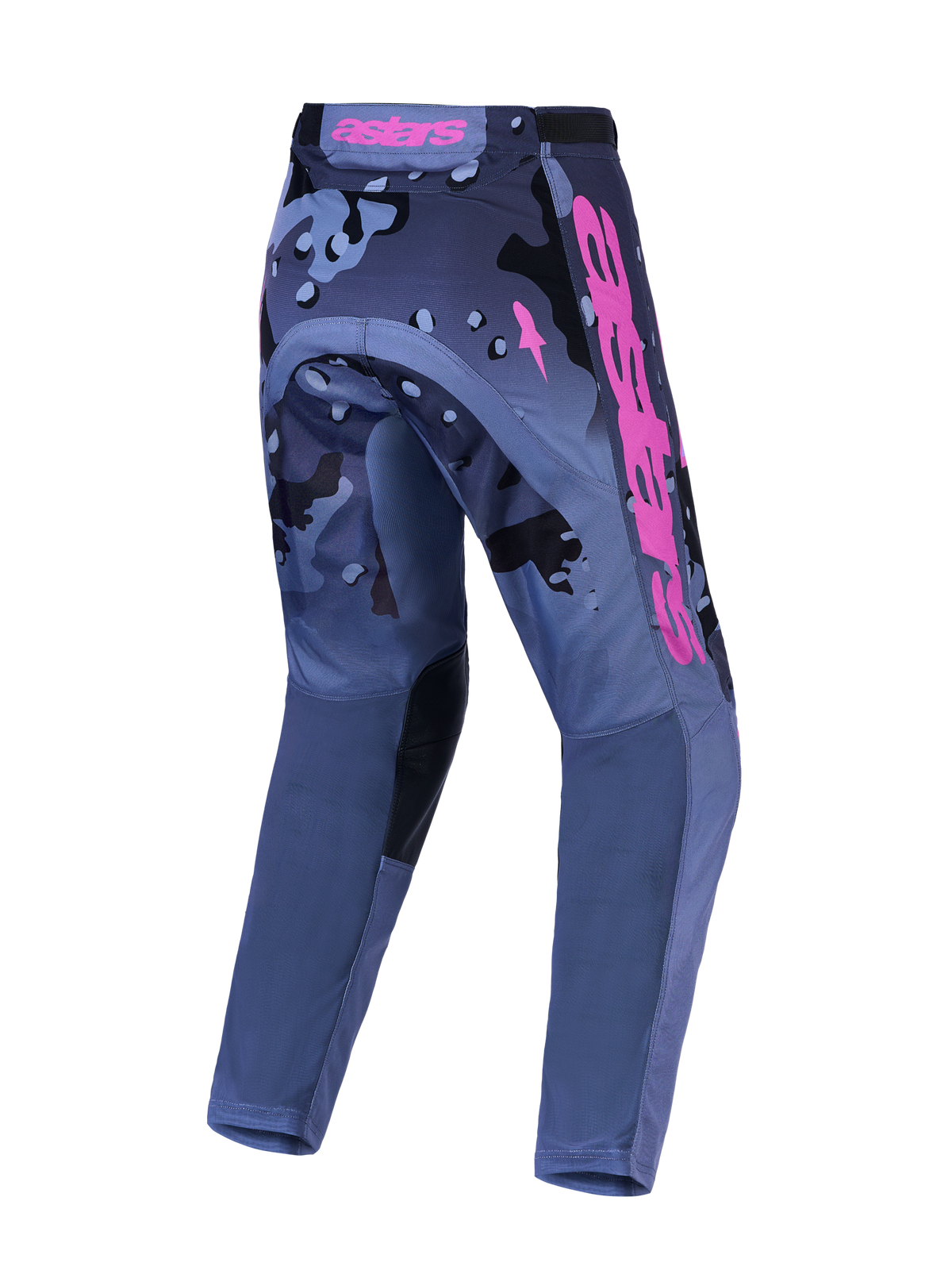 Alpinestars Racer Lone bukser og gear-sæt, herre-motocrossbukser, grå camo og lilla, slidstærkt polyfabric, set bagfra.
