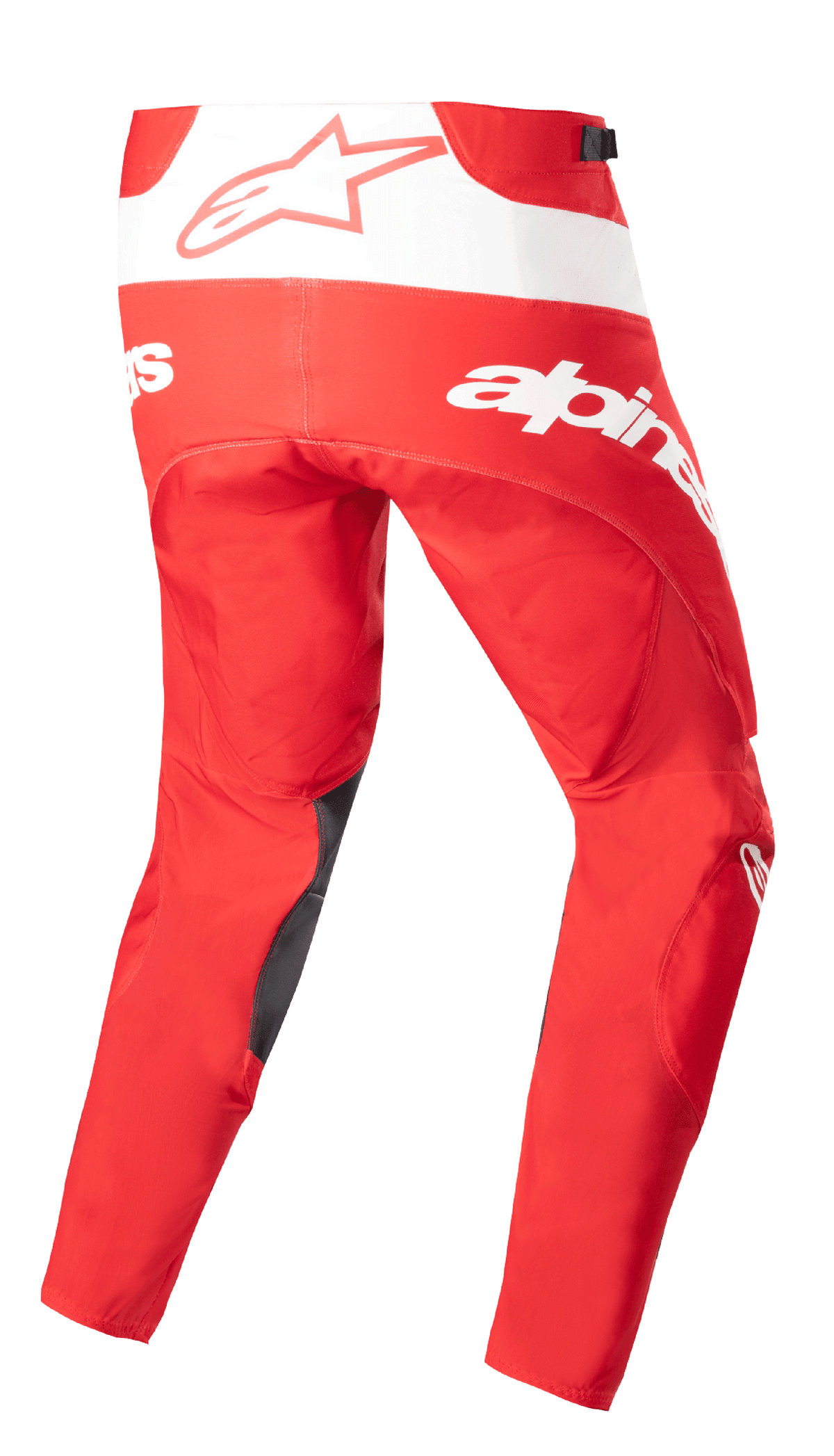 Alpinestars 2023 Techstar Arch bukser, motocross-bukser, Mars rød og hvid, set bagfra med markant hvid branding og stjernelogo, mørke forstærkninger på indersiden af benene, teknisk design til off-road-ydeevne