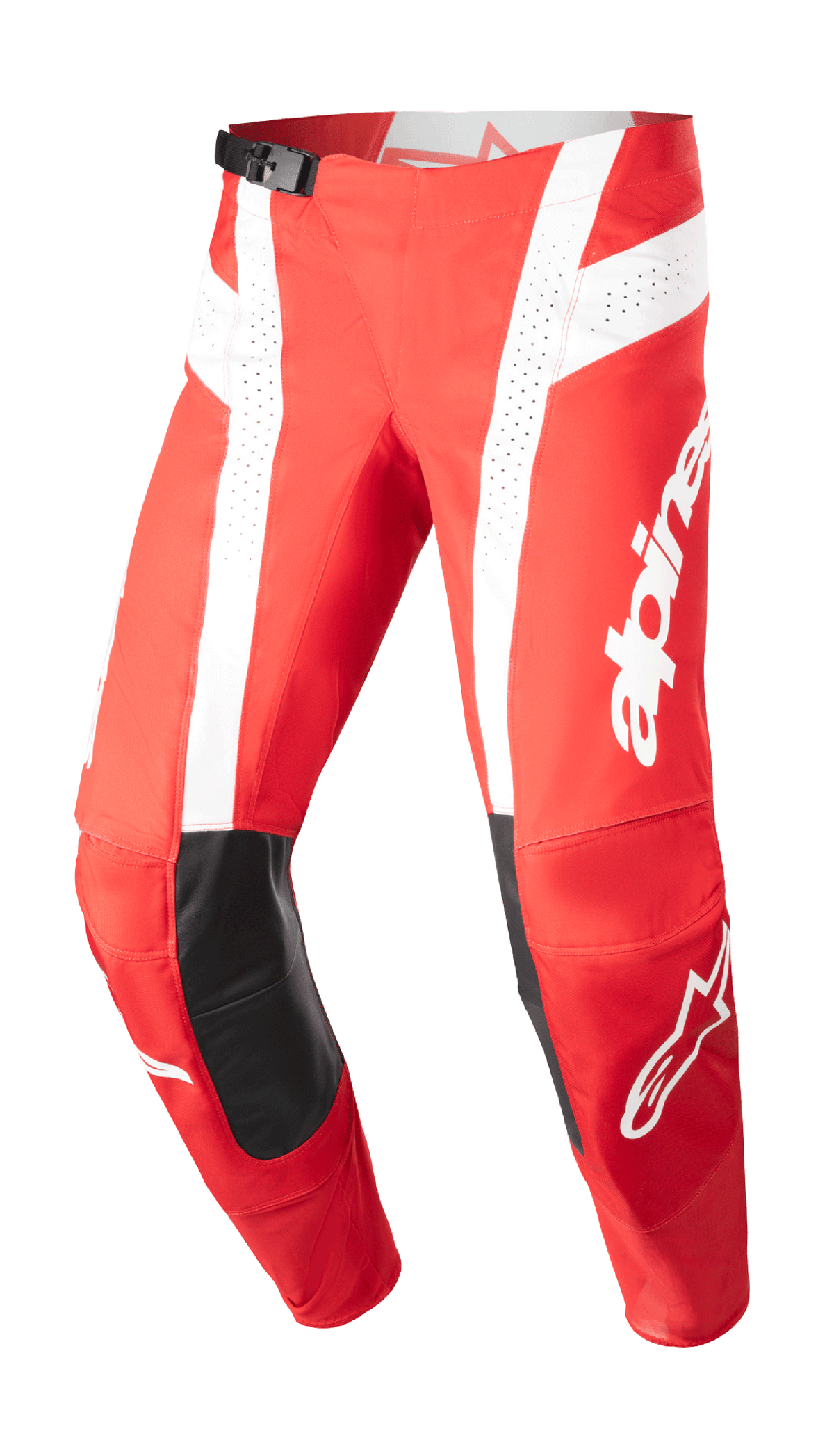 Alpinestars 2023 Techstar Arch bukser, motocross racerbukser, Mars-rød og hvid, sorte læderpaneler på knæene, perforerede ventilationspaneler, justerbart taljespænde, højtydende terrænudstyr
