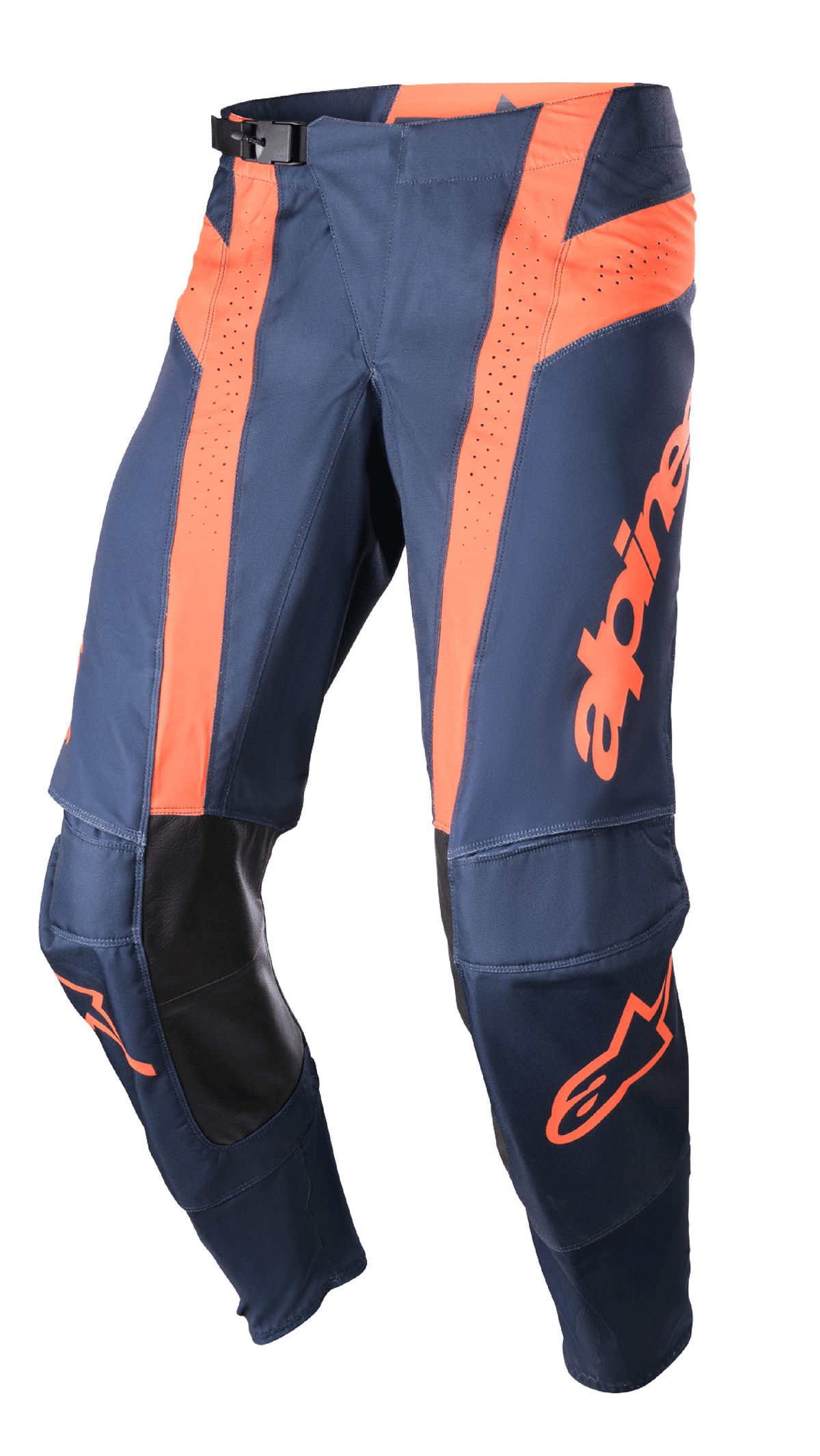 Alpinestars 2023 Techstar Arch bukser, motocrossbukser, mørkeblå og orange, perforerede ventilationspaneler, indvendig knæbeskyttelse i sort læder, justerbart taljespænde, performance-designet off-road udstyr