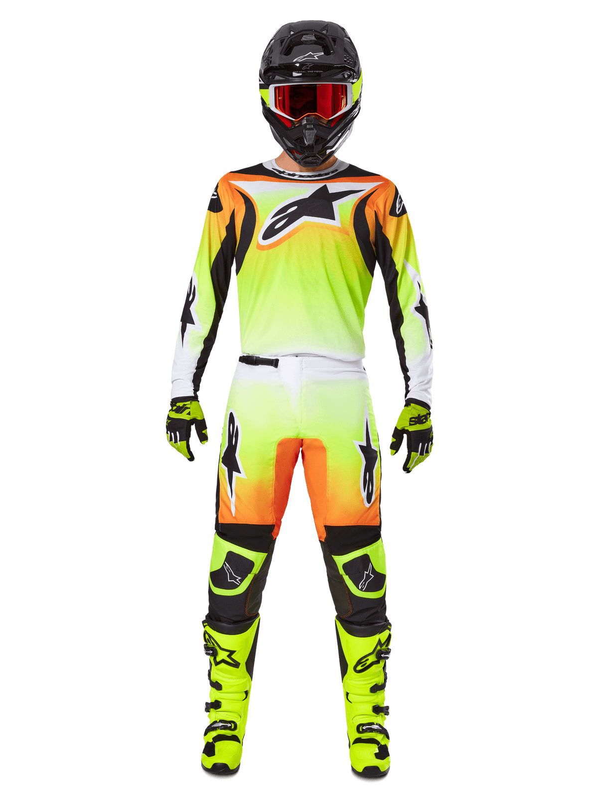 Alpinestars 2025 Fluid Wurx bukser, motocross-bukser, gul og sort med orange og hvid farveovergang, båret med matchende trøje, klare gule støvler og sort hjelm med røde goggles, komplet motocross-racerudstyr