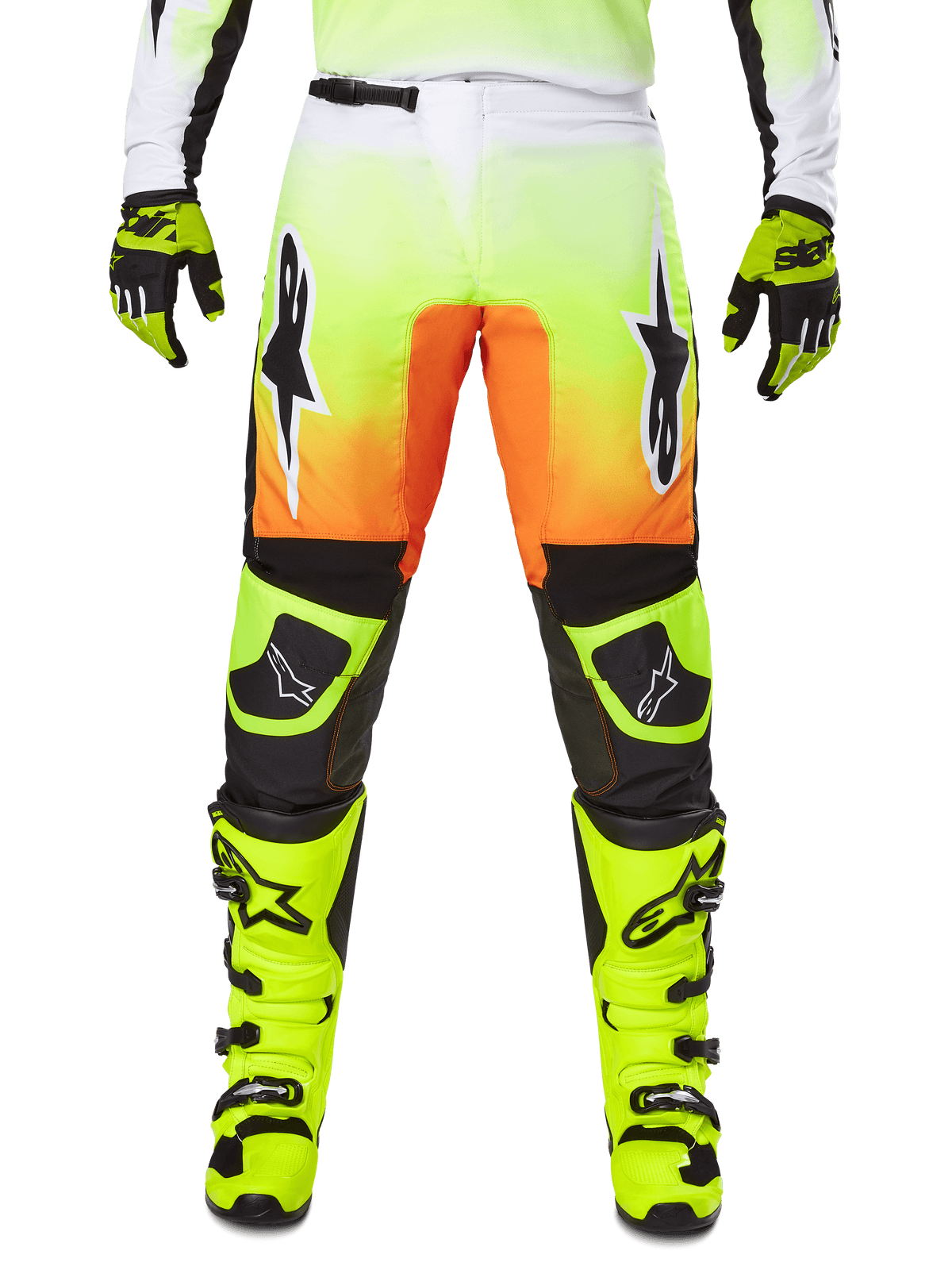 Alpinestars 2025 Fluid Wurx bukser, motocrossbukser, neongul og orange, sorte og hvide stjernelogoer, strømlinet racerdesign med sorte knæpartier, koordineret med matchende neongule støvler og handsker