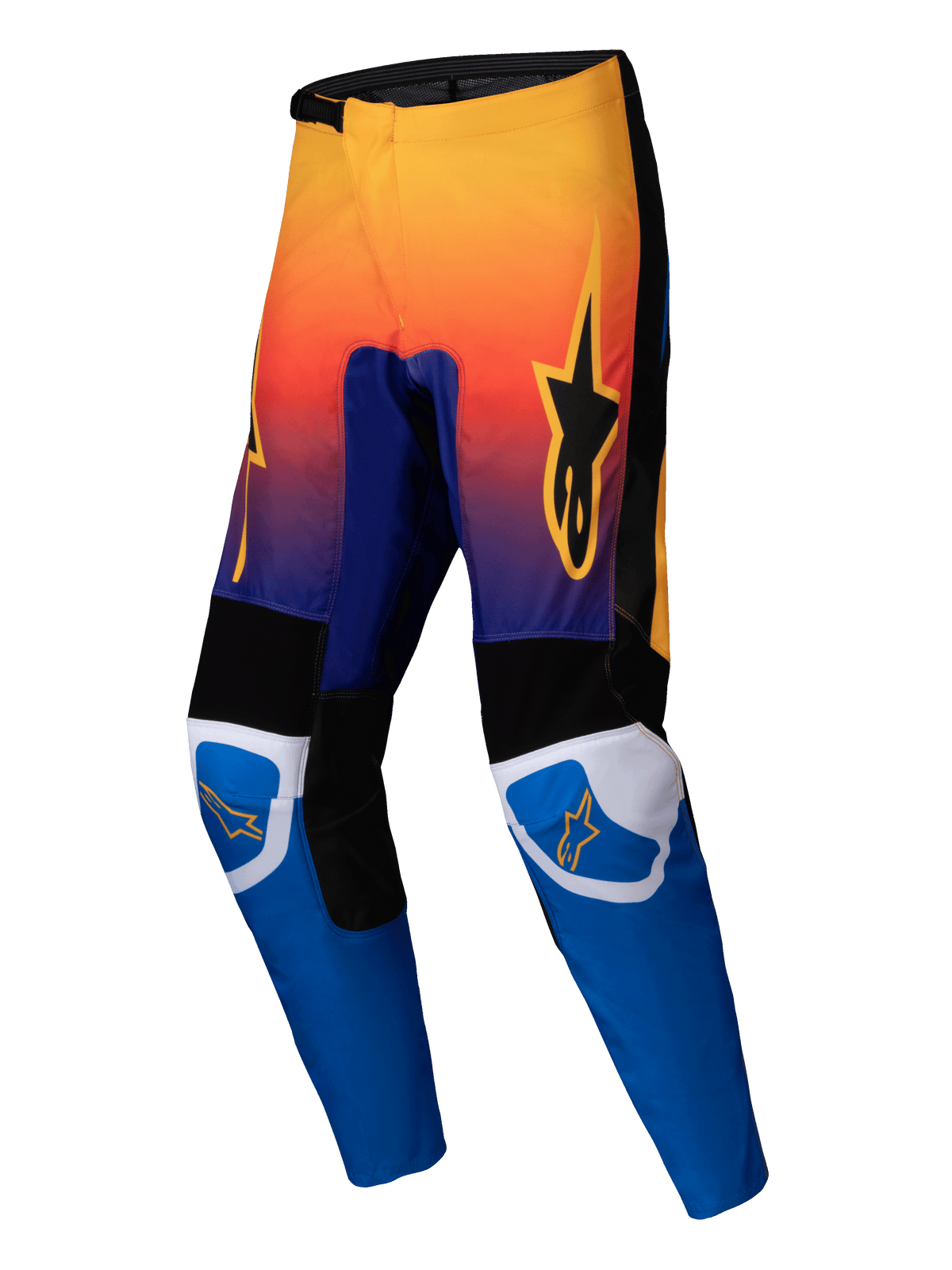 Alpinestars 2025 Fluid Wurx bukser, motocrossbukser, flerfarvet med orange til lilla gradient foroven og lyseblå underben, med sorte og hvide forstærkede paneler, orange stjernelogo på lår og knæ, holdbart off-road racerdesign