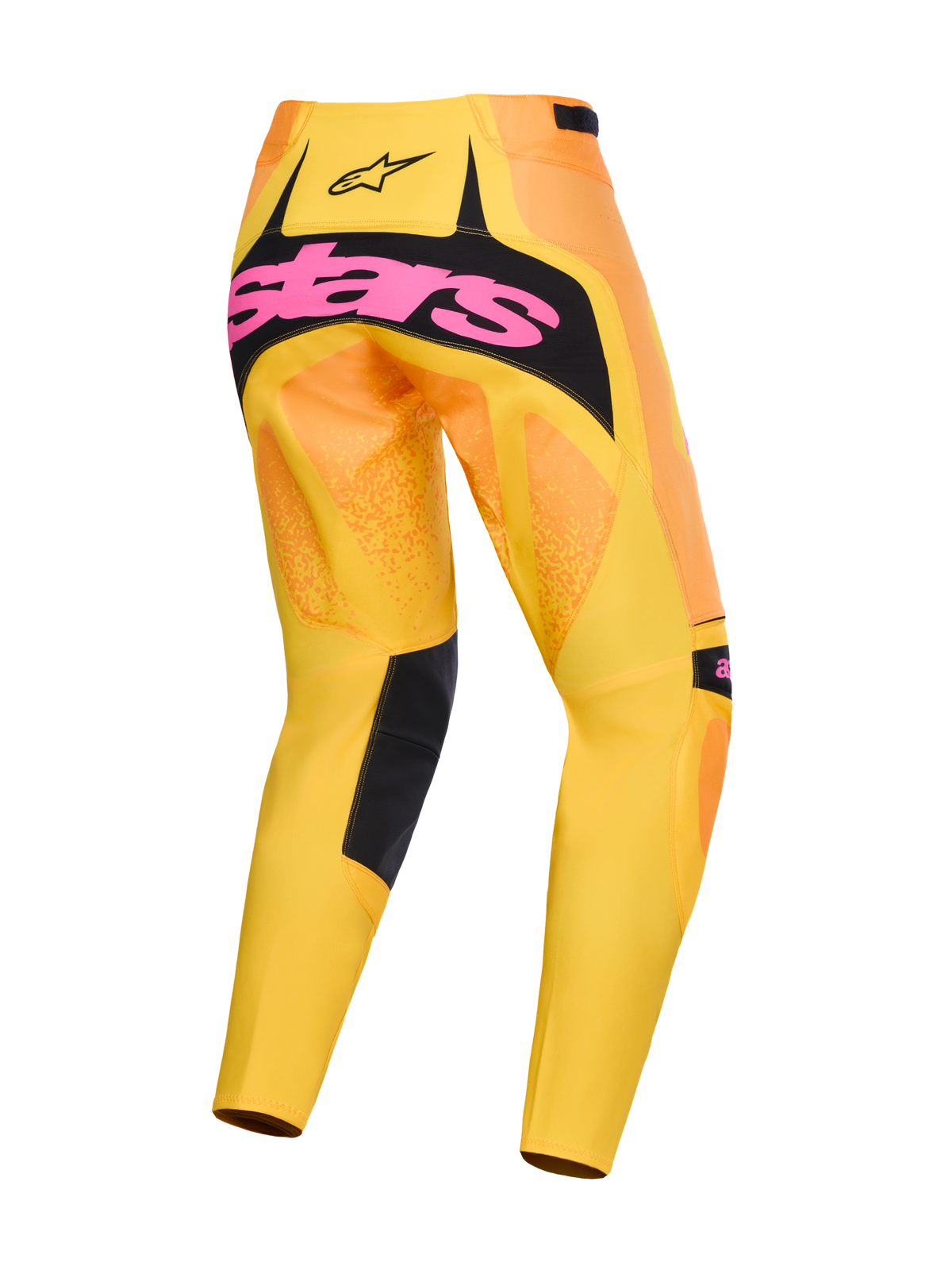 Alpinestars 2026 Techstar Nomur bukser, motocrossbukser, orange, gul og pink, set bagfra med stort pink branding på et sort sædepanel, levende gul og orange gradientdesign med sorte detaljer på indersiden af benene, højtydende off-road racerudstyr