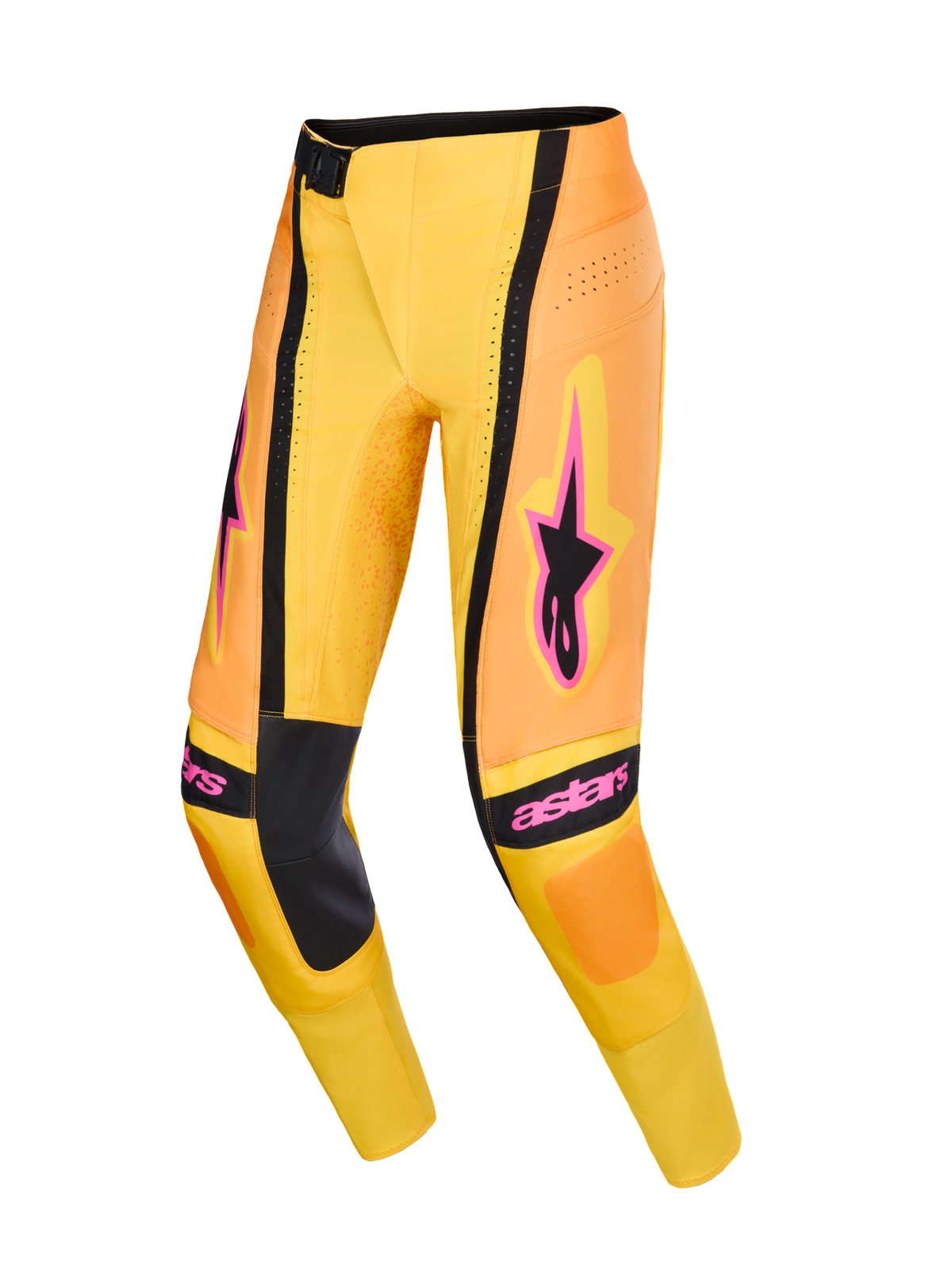 Alpinestars 2026 Techstar Nomur bukser, motocross-bukser, orange, gul og pink, med sorte indvendige knæpaneler og markante pink Alpinestars-logoer, teknisk design med ventilerede perforeringer og atletisk racerpasform, højtydende udstyr til off-road racing
