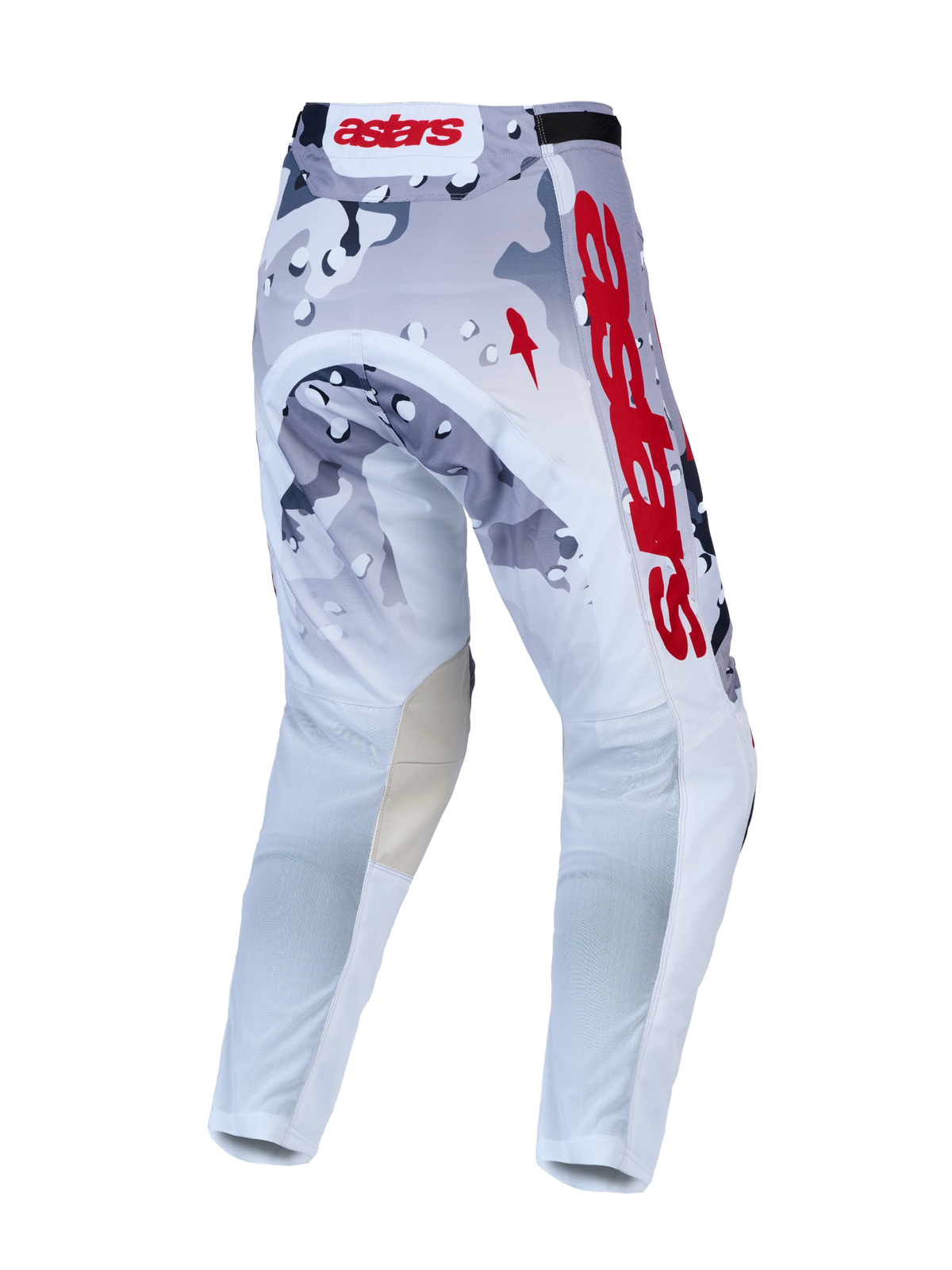 Alpinestars Racer Air Lone bukser, ventilerede motocrossbukser i grå og hvid camo med rød branding, set bagfra.