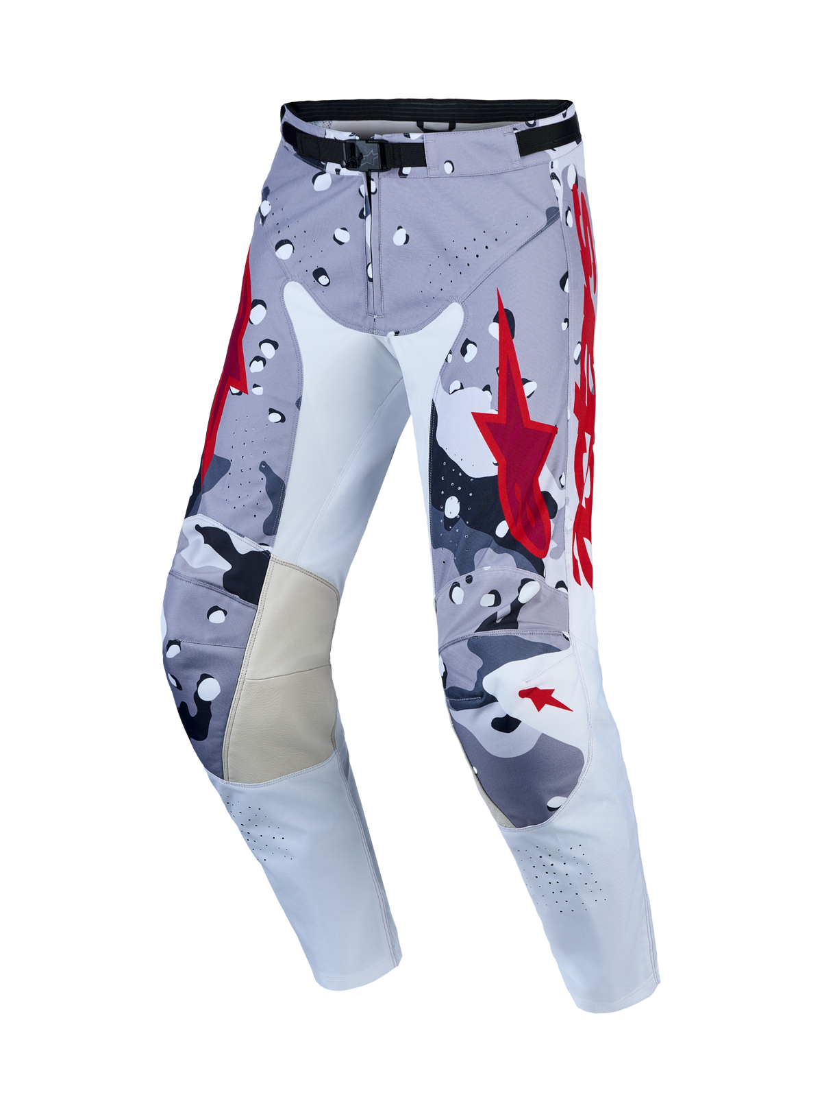 Alpinestars Racer Air Lone bukser, motocrossbukser til terrænkørsel, grå, rød og hvid, ventileret konstruktion med ergonomisk forbuet pasform og læderpaneler på indersiden af knæene.