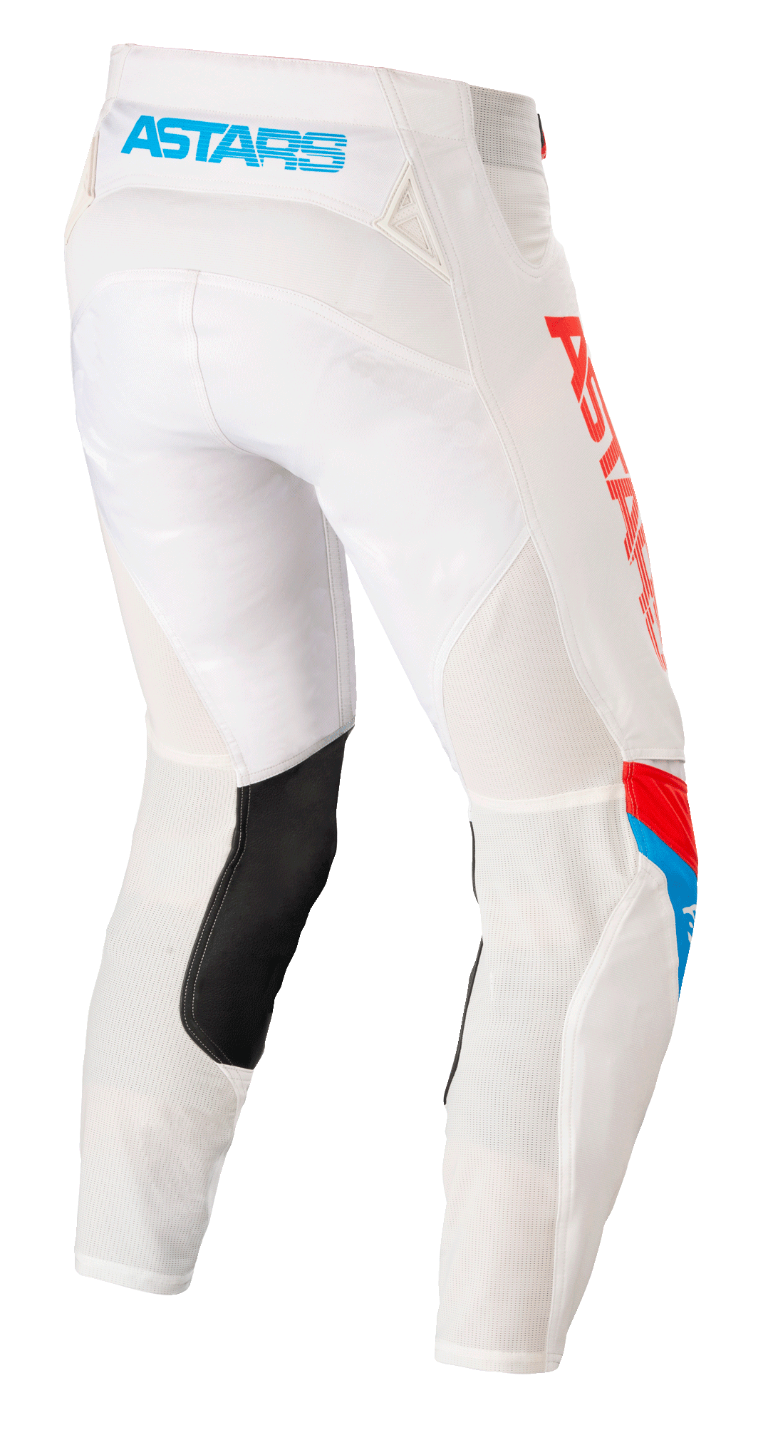 Alpinestars Techstar Quadro Pants, Motocross Pants, Off White Blue Neon Bright Red, rear view showing light blue 'ASTARS' logo on the waistband, mesh ventilation panels, black leather inner leg patch, and bold red branding on the side.