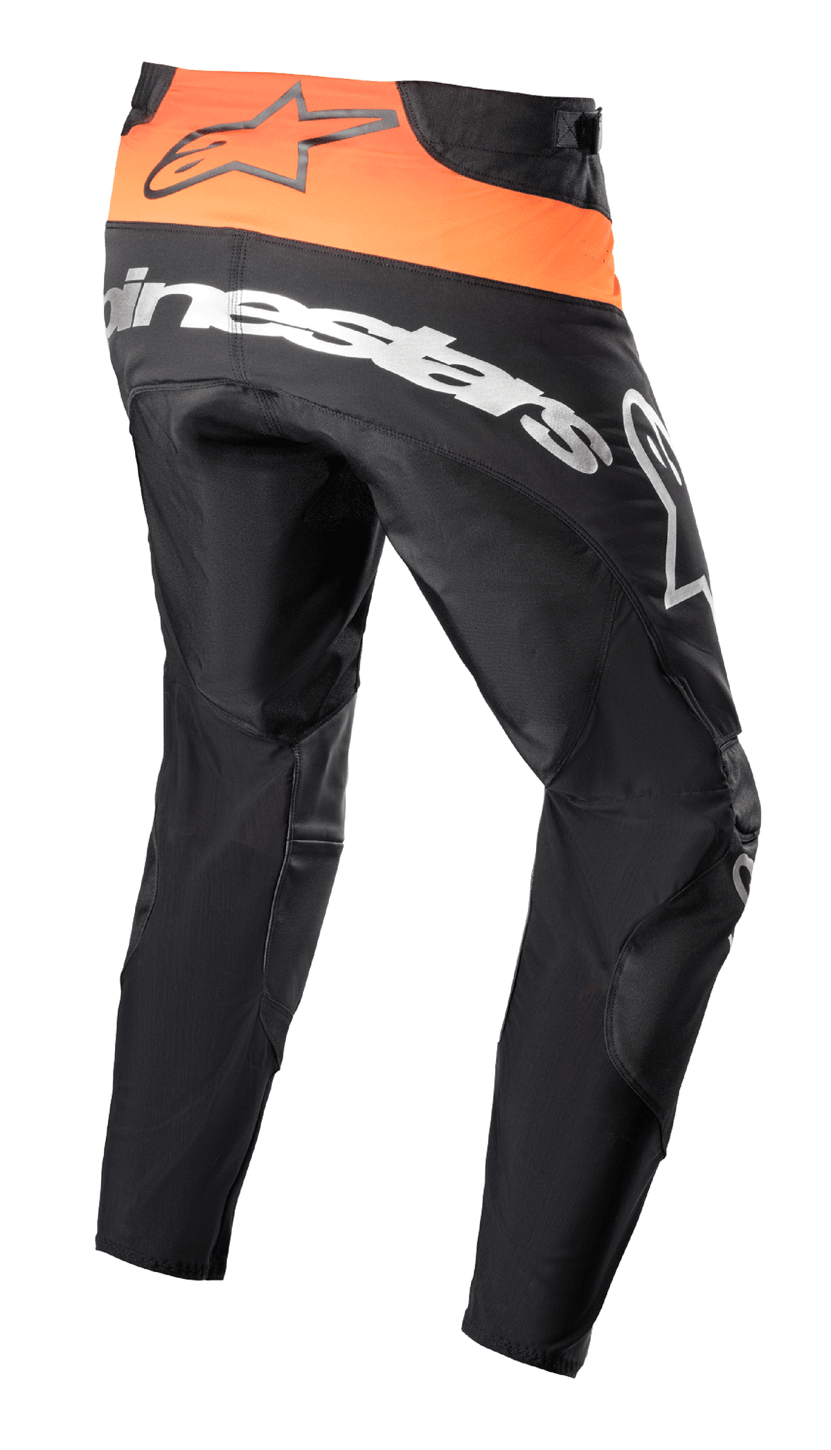 Alpinestars 2023 Techstar Sein bukser, motocross-bukser, sort og Hot Orange, set bagfra med stærkt orange taljepanel og sort logo, stort hvidt Alpinestars-branding over bagen, forstærket tekstilkonstruktion til off-road racing