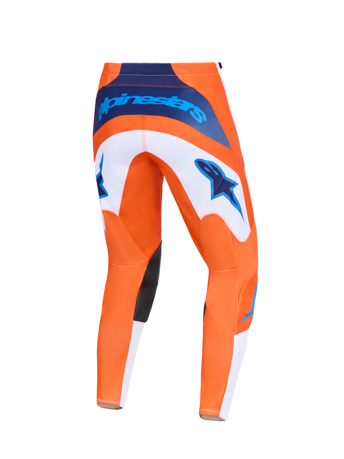 Alpinestars 2026 Fluid Grid bukser, motocross-bukser, orange og UCLA blå, set bagfra med hvide paneler med blå stjernelogoer, marineblå branding i taljen og sorte indvendige knæpaneler, slidstærkt design til terrænkørsel