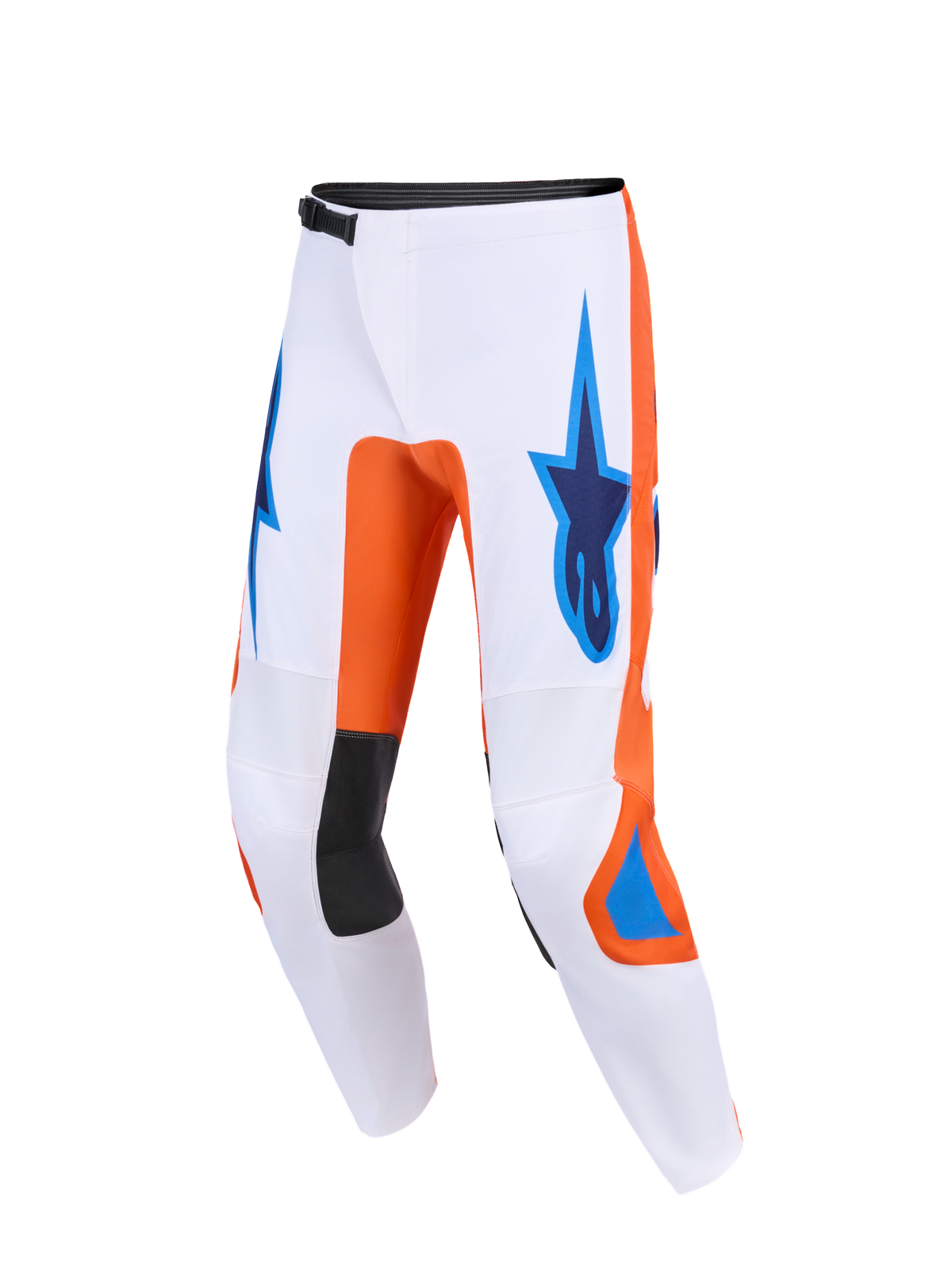 Alpinestars 2026 Fluid Grid bukser, motocross-bukser, hvid med orange og UCLA Blue detaljer, med blå Astars-logoer på lårene, sorte indvendige knæpaneler og et teknisk ergonomisk design til off-road performance.