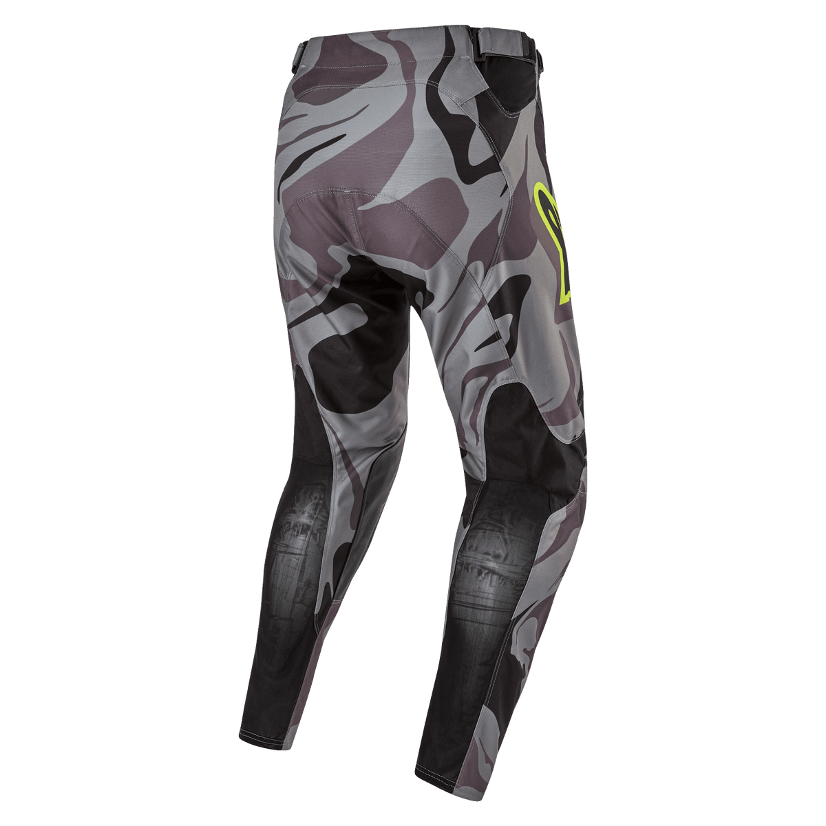 Alpinestars 2024 Racer Tactical Pants, Motocross Pants, Cast Gray Camo Magnet, rear view showing gray camouflage pattern with black reinforced panels, yellow logo accent on the hip, technical rip-stop material for off-road racing