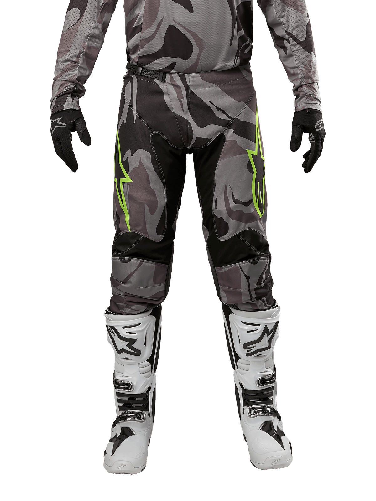 Alpinestars 2024 Racer Tactical Pants, Motocross Pants, Cast Gray Camo Magnet, worn with matching camo jersey, black gloves, and white and black boots, featuring lime green star logos on the thighs and black stretch panels, front view for off-road riding gear