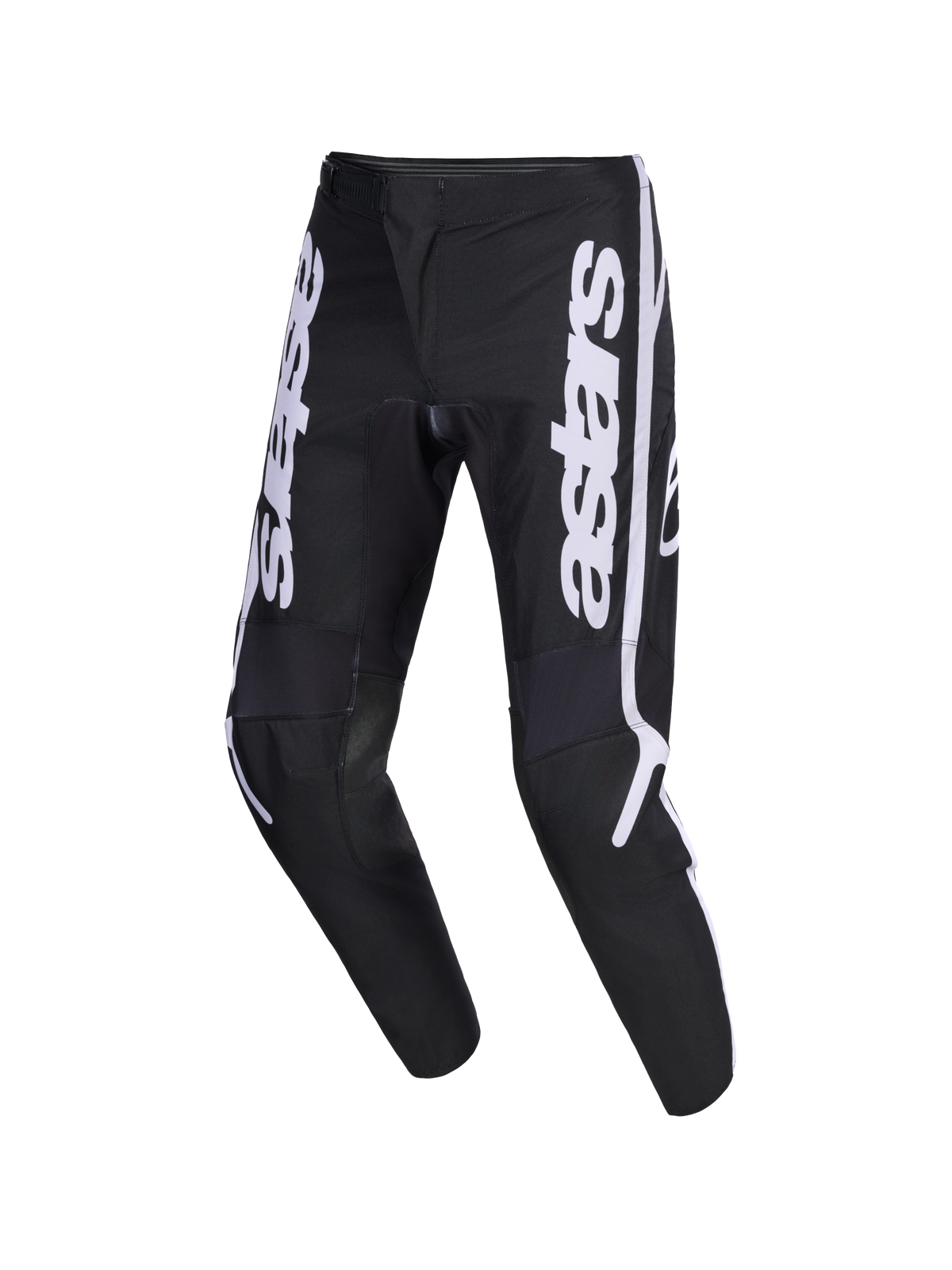 Alpinestars 2026 Fluid Apex bukser, motocross-bukser, sort og grå, med hvidt lodret astars-logo på benene, ergonomisk forbuet sport-fit design, holdbar 600D polystof-konstruktion til off-road kørsel
