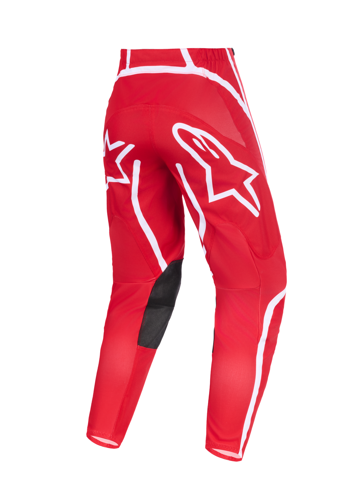 Alpinestars 2026 Fluid Apex bukser, motocross-bukser, rød og hvid, set bagfra med markante hvide stjerne-logoer på sædet, sorte indvendige knæpaneler i syntetisk læder og ergonomisk forbuet design til terrænkørsel