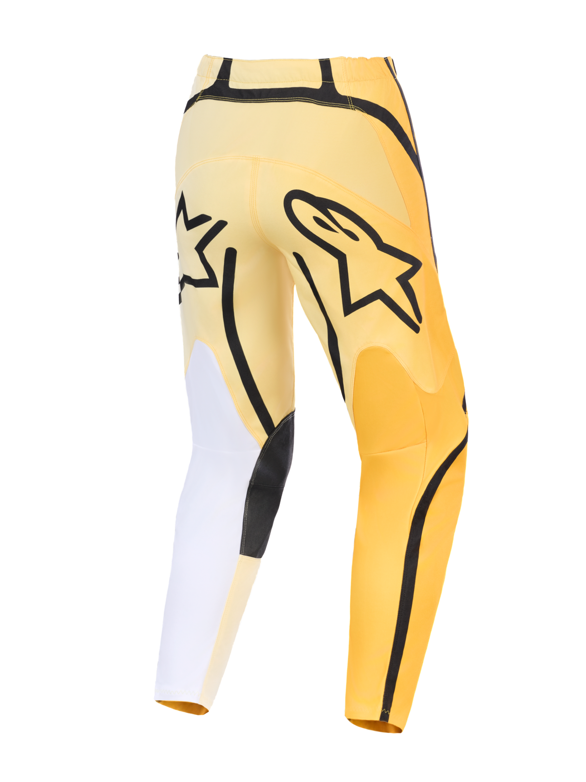 Alpinestars 2026 Fluid Apex bukser, motocrossbukser, gul og sort med hvide detaljer, set bagfra med markant sort Astars-logo, asymmetrisk design med holdbare forstærkede paneler og forbuet pasform.