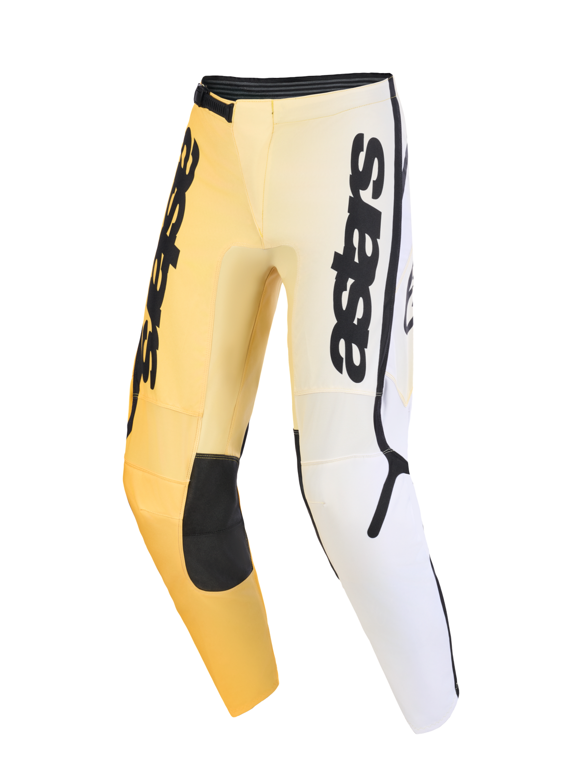 Alpinestars 2026 Fluid Apex bukser, motocross-bukser, gul, hvid og sort, med gradient farveskema, markant lodret astars-branding på lårene, sorte forstærkede knæpaneler og et ergonomisk forbuet design til off-road ydeevne.