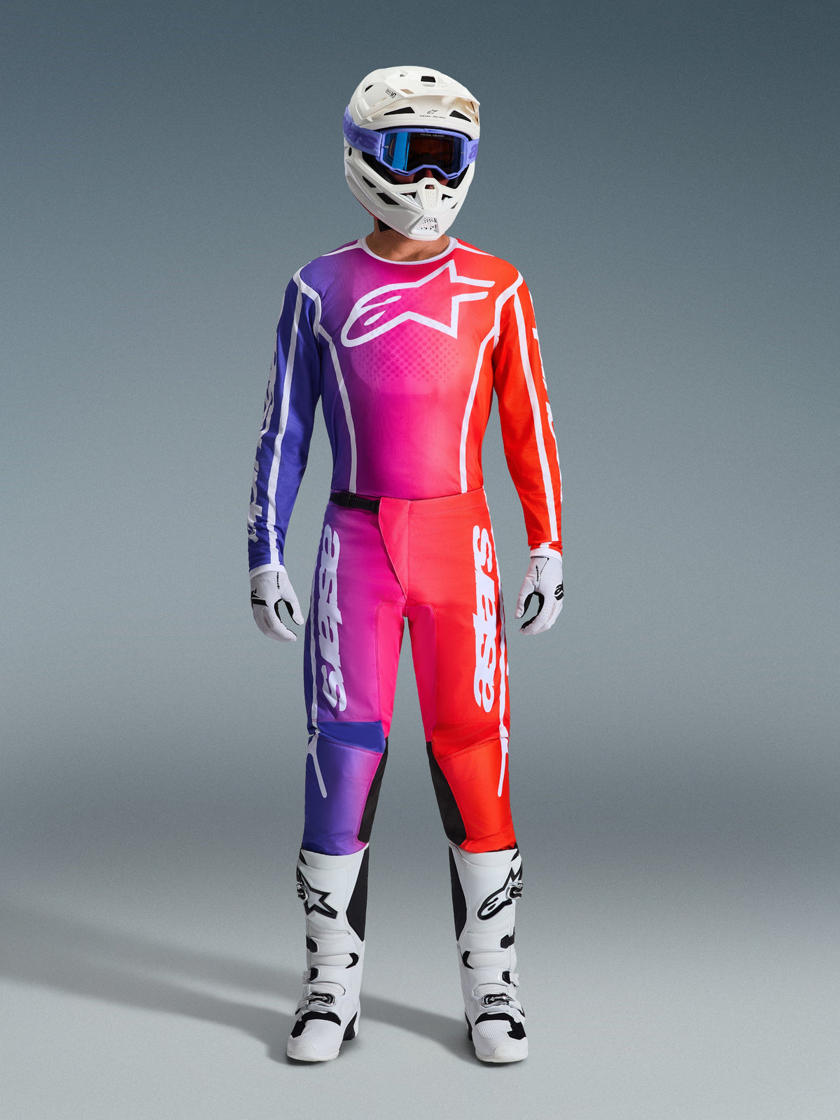 Alpinestars 2026 Fluid Apex Gear Set, Motocross Outfit, Purple Pink and Red Gradient with White Accents, Complete Racing Kit with White Helmet, Blue Goggles, and White Boots, Colorful Off-Road Performance Gear