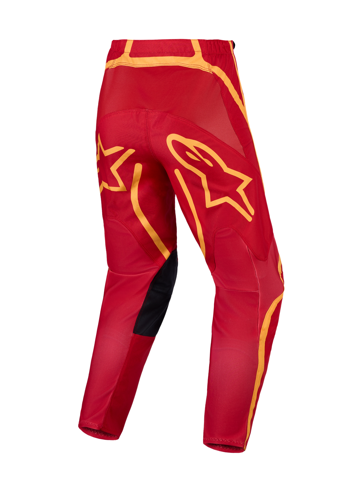 Alpinestars Fluid Apex V2 Bukser, motocrossbukser i rød og guld med forstærket sæde og store stjernegrafikker, set bagfra.
