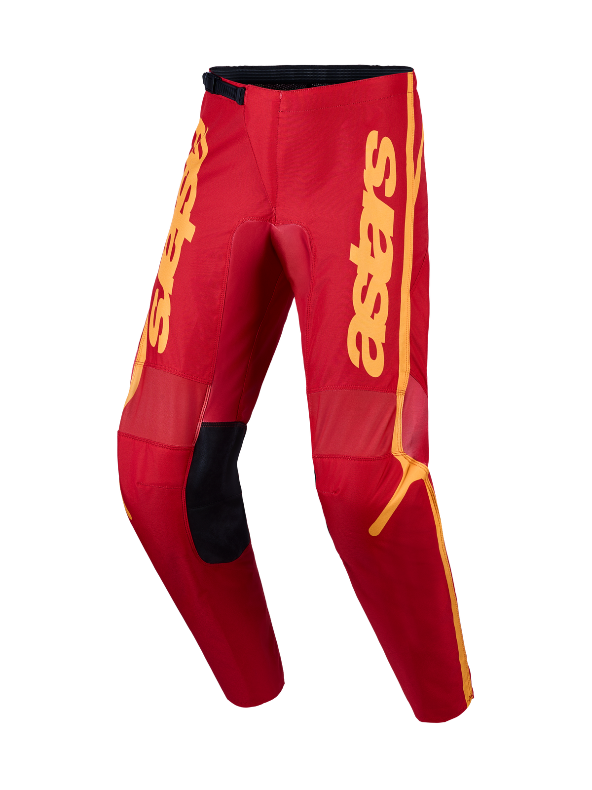 Alpinestars Fluid Apex V2 Bukser, herre-motocrossbukser i rød og guld med 600D-forstærkninger og Astars-grafik.
