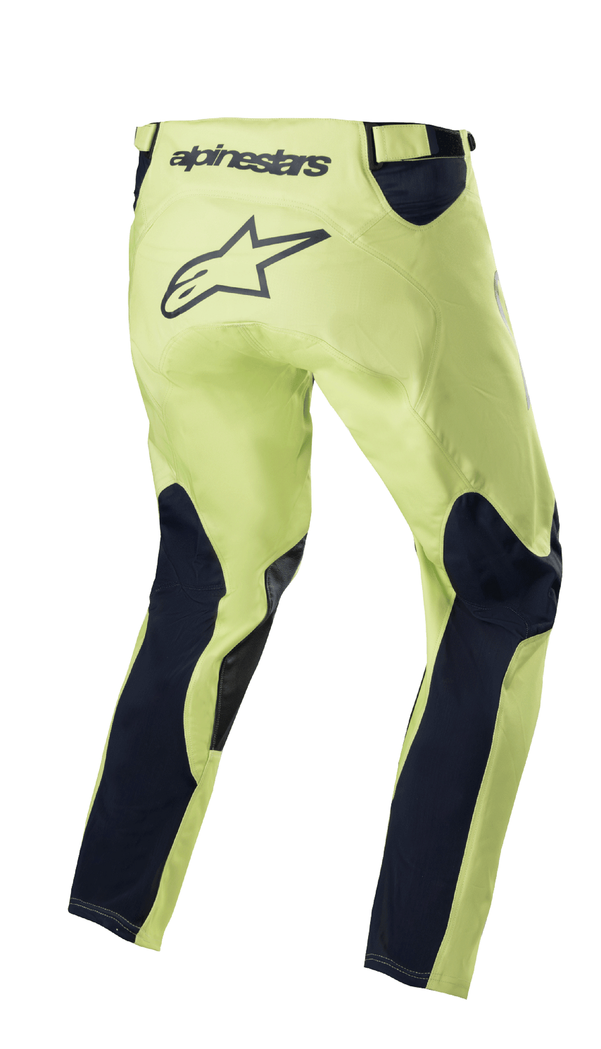 Alpinestars 2023 Racer Hoen bukser, motocross-bukser, Fluorite Green og Night Navy, set bagfra med neongrønt chassis og navyblå benpaneler, stort sort stjernelogo på sædet, ergonomisk forbuet design til off-road racing