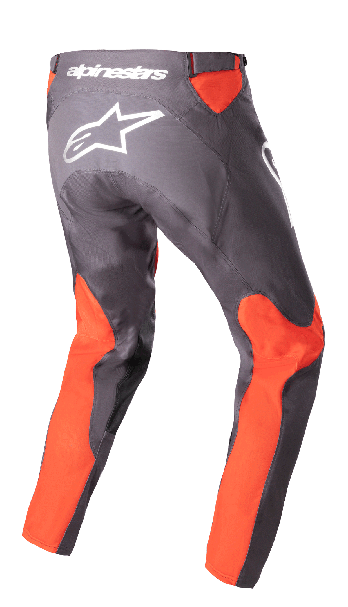 Alpinestars 2023 Racer Hoen bukser, motocrossbukser, Magnet Hot Orange, set bagfra med hvidt Alpinestars-logo og tekstlogo på bagsiden, klare orange paneler på benene og taljen, holdbar 600D poly-stof konstruktion til off-road kørsel