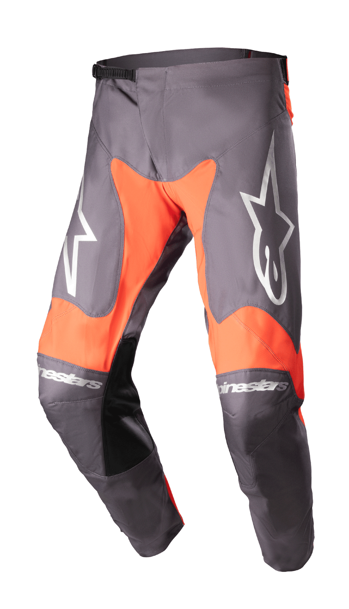 Alpinestars 2023 Racer Hoen bukser, motocross-racerbukser, Magnet og Hot Orange, store hvide stjernelogoer på lårene, indvendige knæpaneler i sort læder, skraldelås-justering i taljen, holdbar konstruktion til off-road kørsel
