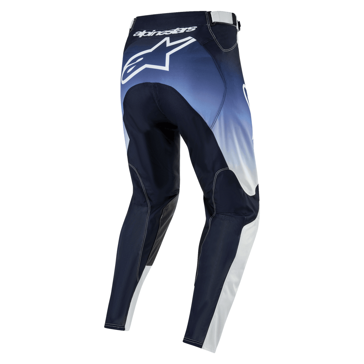Alpinestars 2024 Racer Hoen bukser, motocross off-road bukser, navy blå med lyseblå og hvide detaljer, set bagfra med hvidt logo på sædet, ergonomisk pasform og holdbart materiale til terrænkørsel