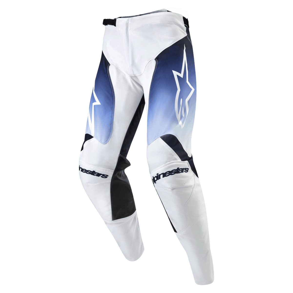 Alpinestars 2024 Racer Hoen bukser, motocross terrænbukser, hvid med mørkeblå og lyseblå detaljer, hvidt logo på låret, ergonomisk racerdesign, professionelt off-road udstyr
