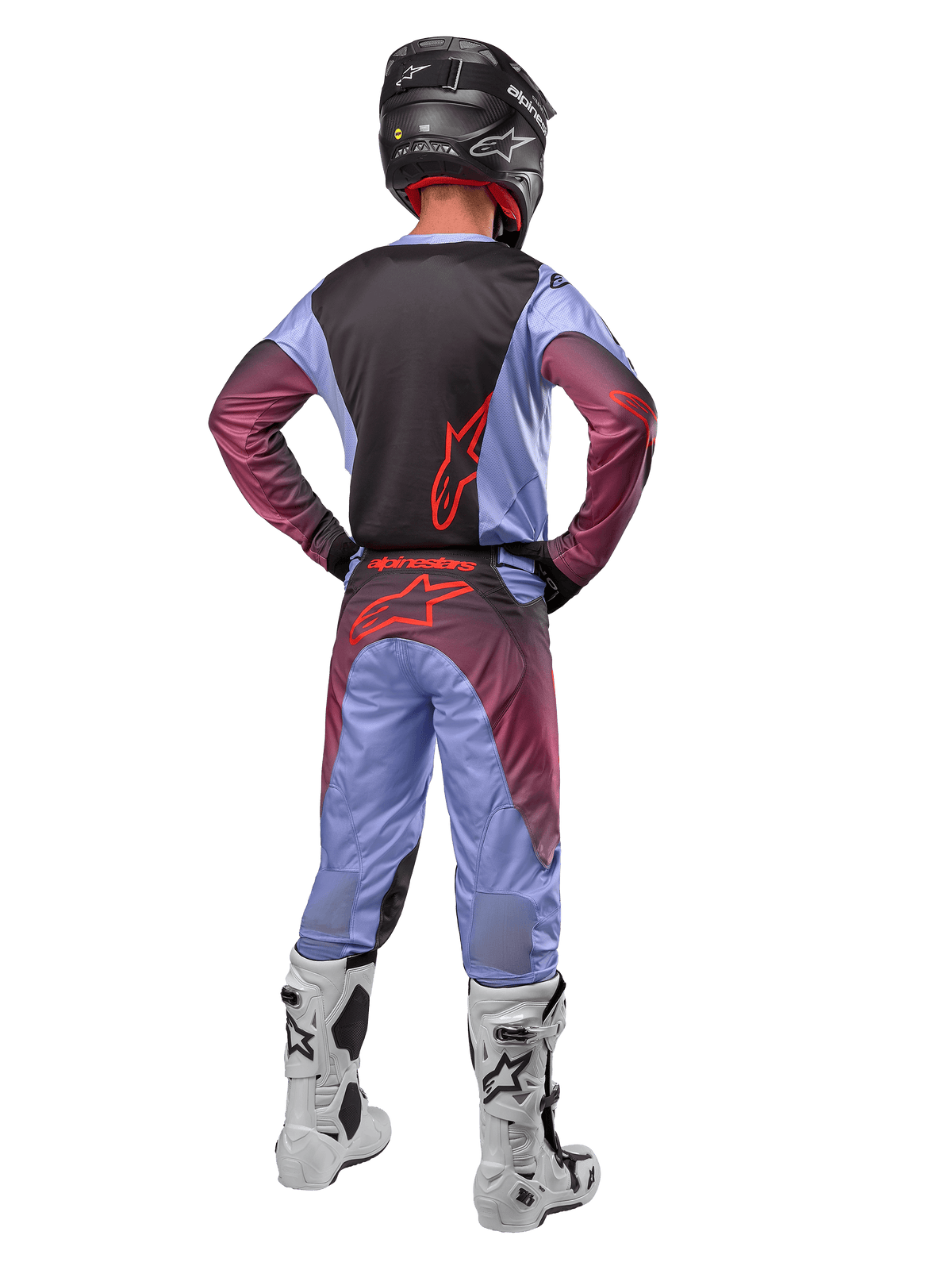Alpinestars 2024 Racer Hoen Jersey and Pants, Lavan Purple Black, full back view of motocross rider wearing matching gear with white and black boots and a black helmet.