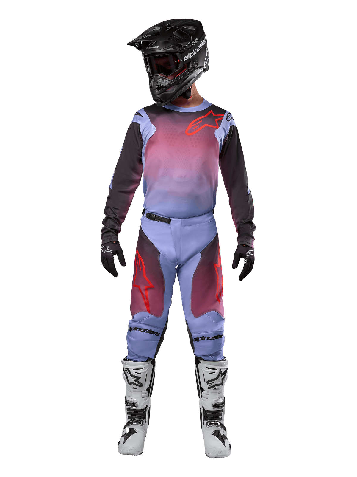 Motocross rider wearing complete racing gear, Alpinestars 2024 Racer Hoen Jersey and Pants, Lavan Purple and Black with red accents, black helmet, white and black boots, black gloves, coordinated outfit for off-road racing